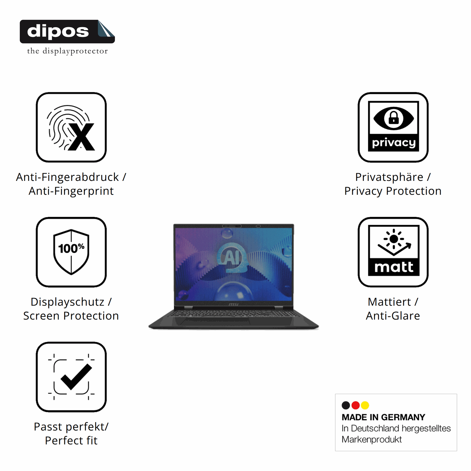 Privatsphäre-Schutz durch Sichtschutz-Folie passend zugeschnitten für msiprestige 16 ai evo b1m