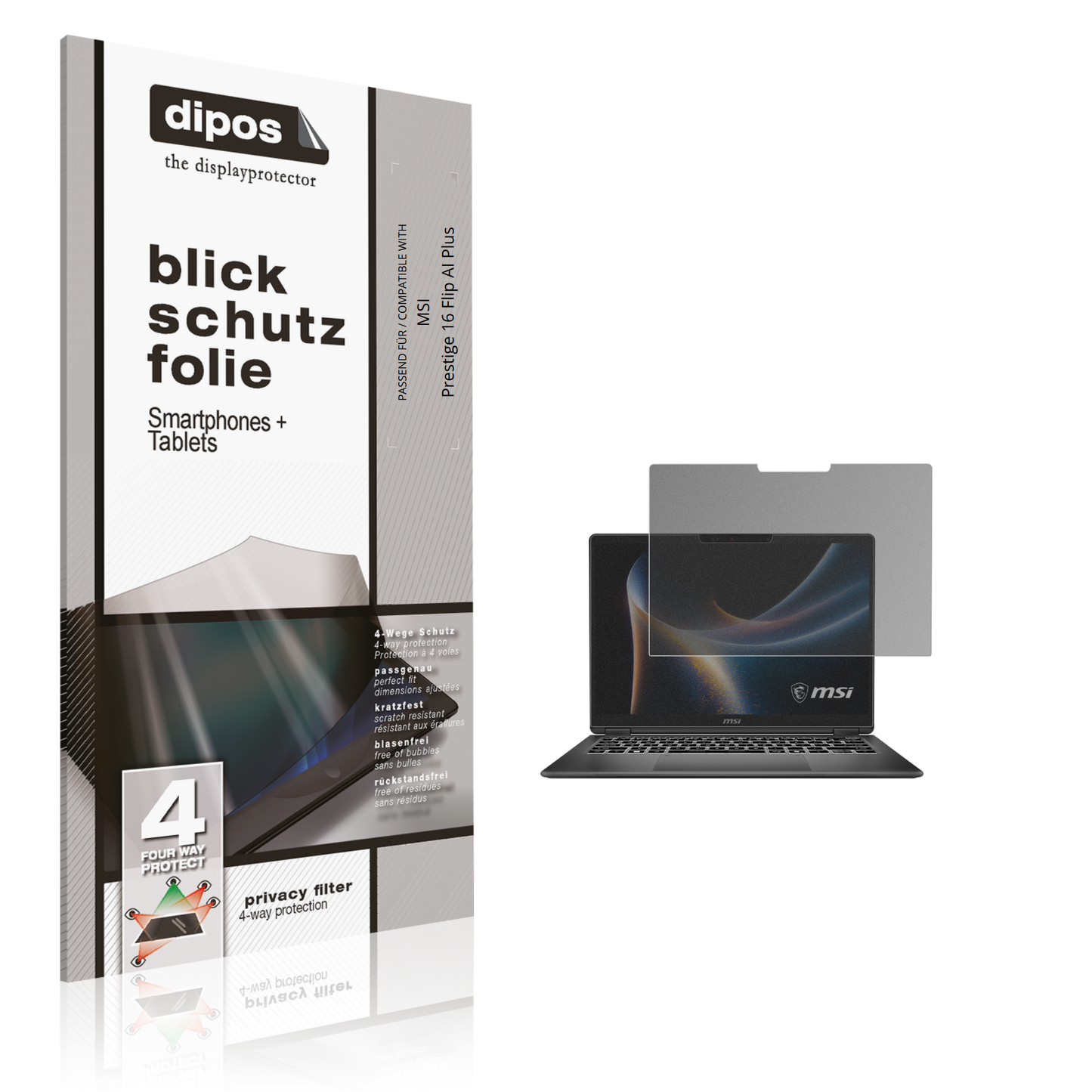 Blickschutzfolie von dipos passend für MSI Prestige 16 Flip AI Plus, präziser Zuschnitt und blasenfrei montiert