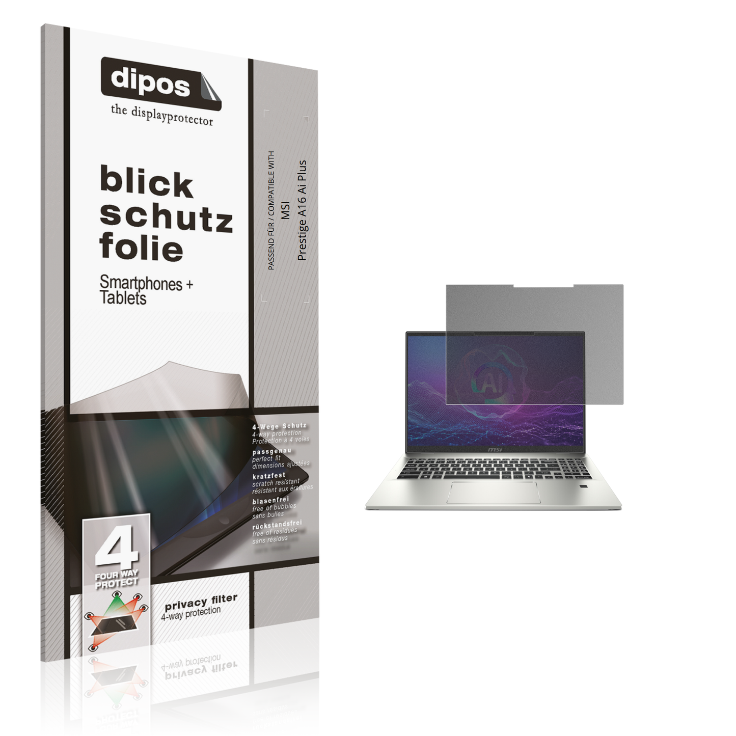 Blickschutzfolie von dipos passend für MSI Prestige A16 Ai Plus, präziser Zuschnitt und blasenfrei montiert