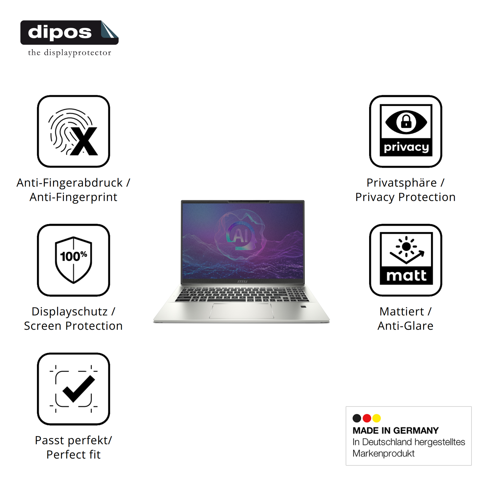 Privatsphäre-Schutz durch Sichtschutz-Folie passend zugeschnitten für MSI Prestige A16 Ai Plus