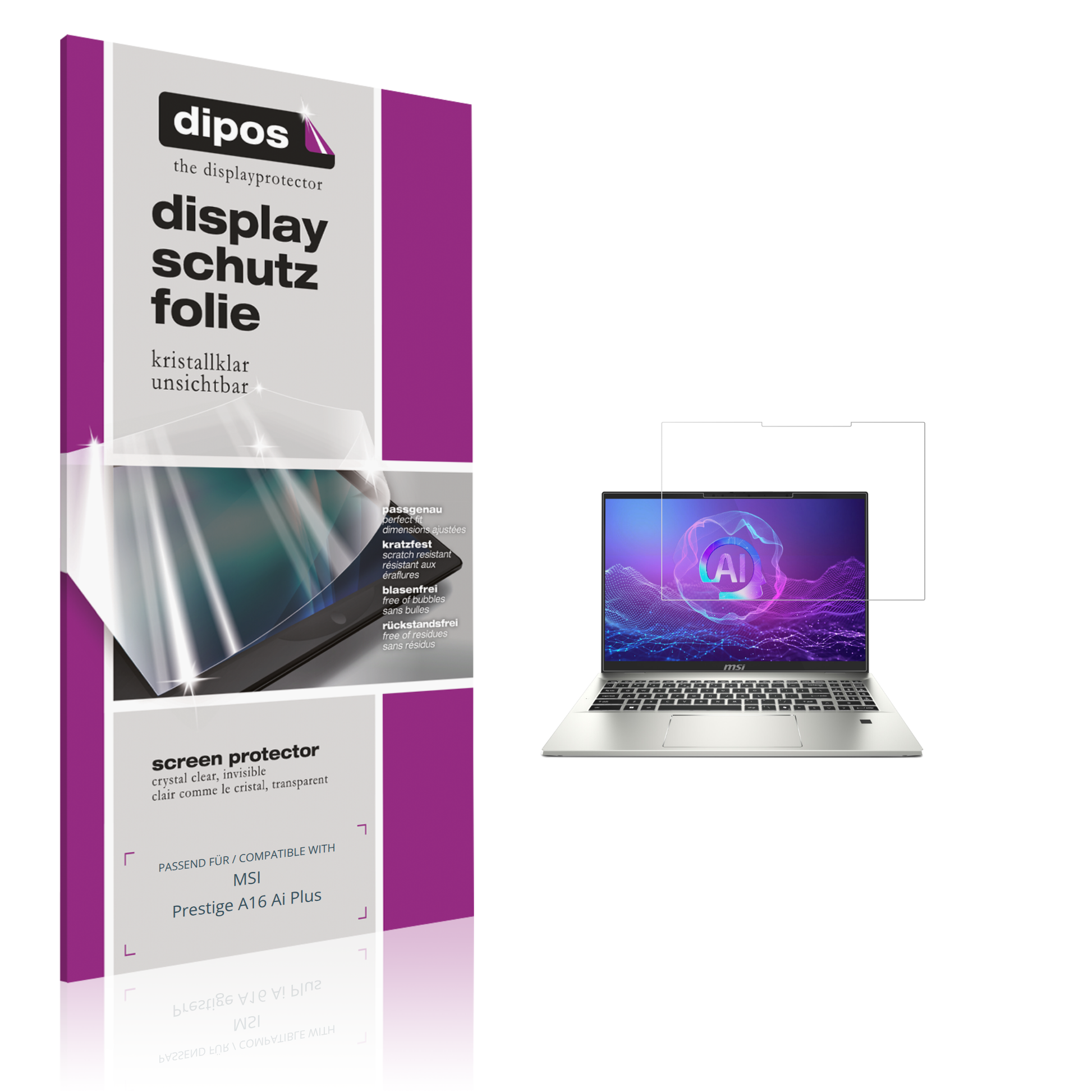Klare Displayschutzfolie von dipos passend für MSI Prestige A16 Ai Plus, präziser Zuschnitt und blasenfrei montiert