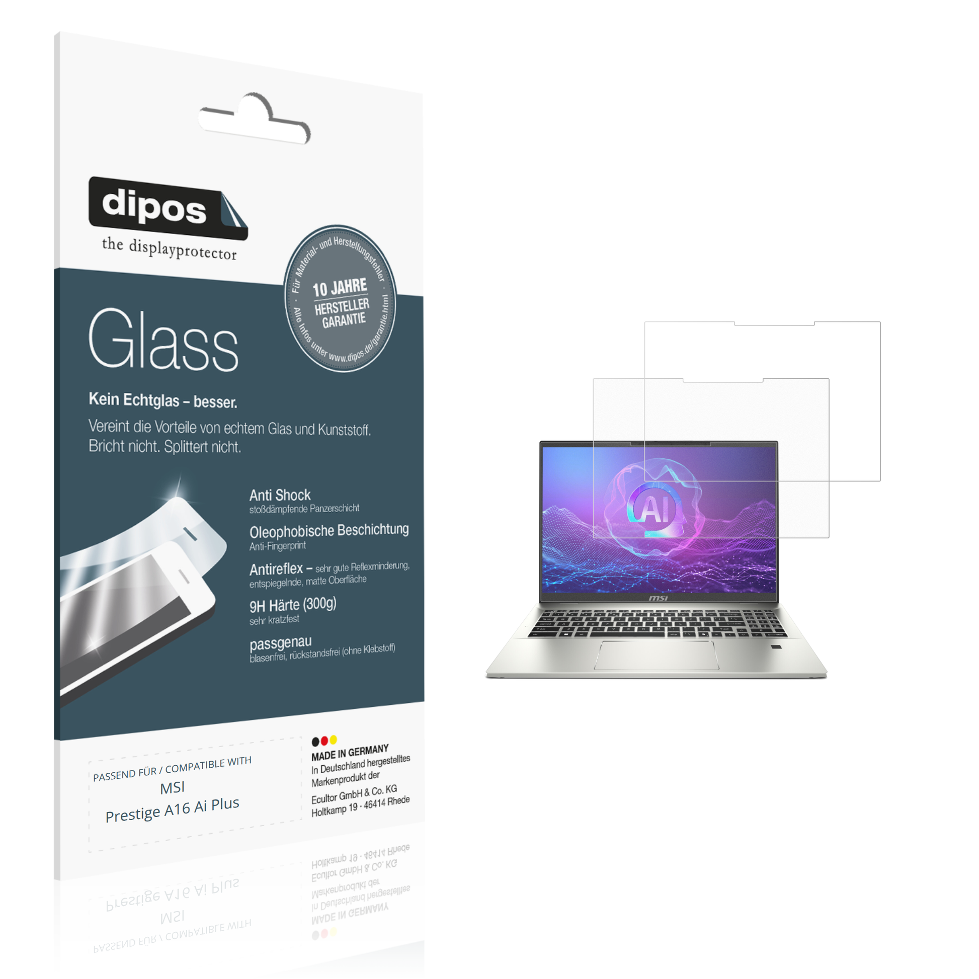 Matte Displayschutzfolie von dipos passend für MSI Prestige A16 Ai Plus, 9H kratzfest und blasenfrei montiert