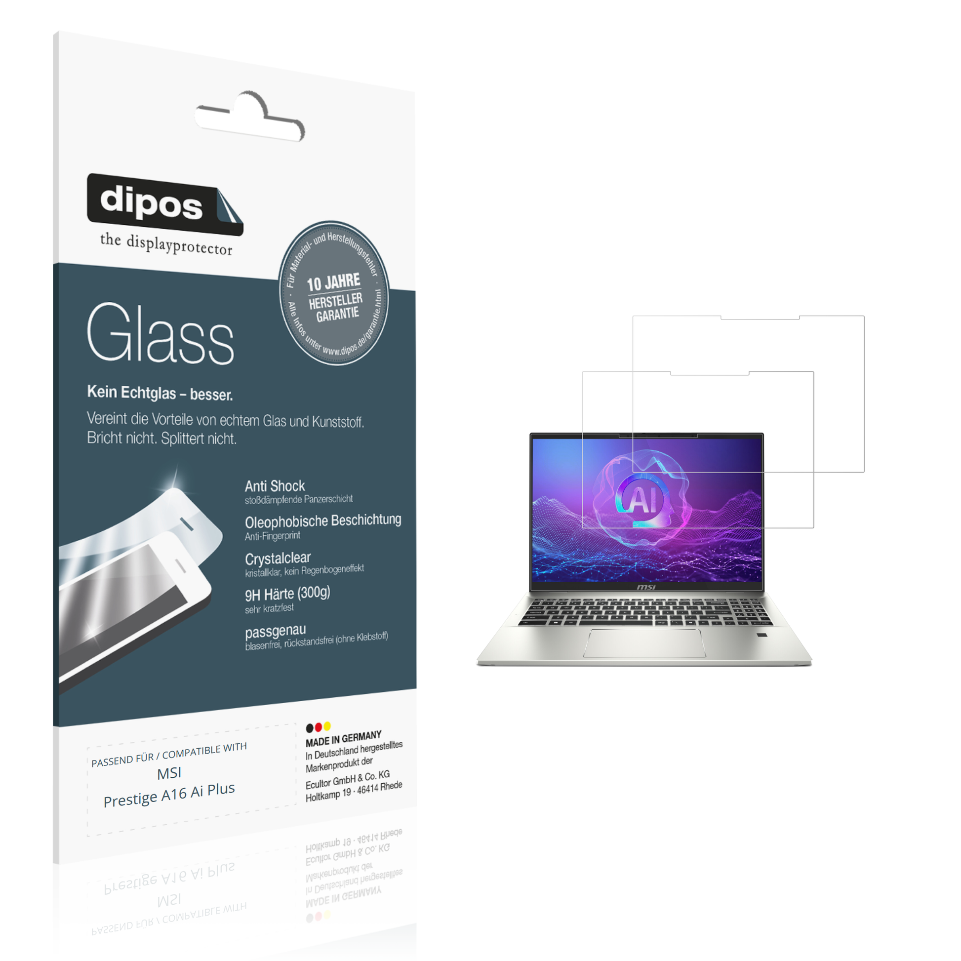 Klare Displayschutzfolie von dipos passend für MSI Prestige A16 Ai Plus, 9H kratzfest und blasenfrei montiert