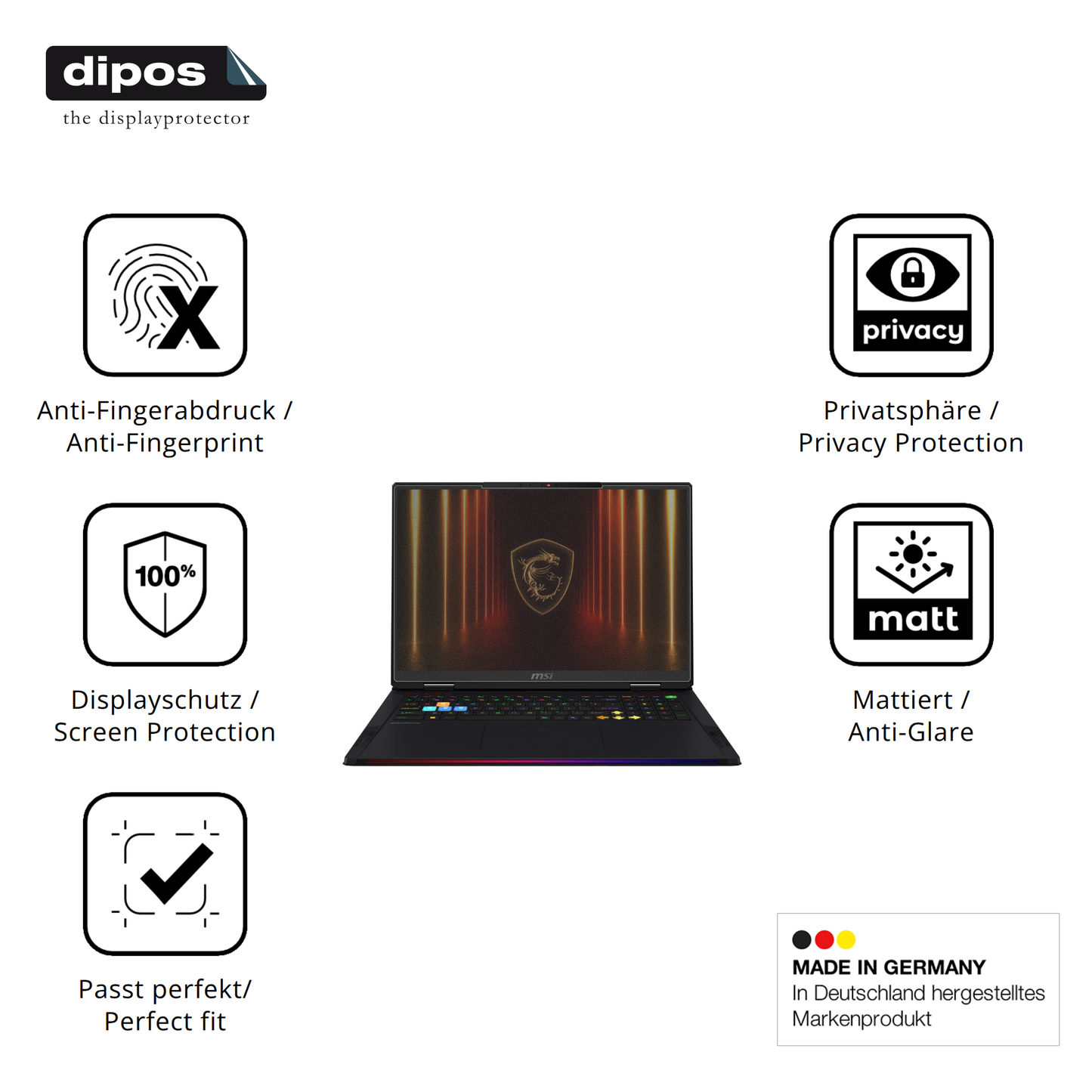 Privatsphäre-Schutz durch Sichtschutz-Folie passend zugeschnitten für MSI Vector A18 HX 2025