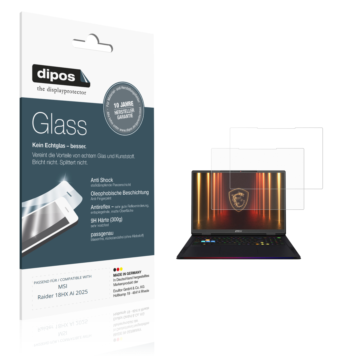 Matte Displayschutzfolie von dipos passend für MSI Raider 18HX Ai 2025, 9H kratzfest und blasenfrei montiert