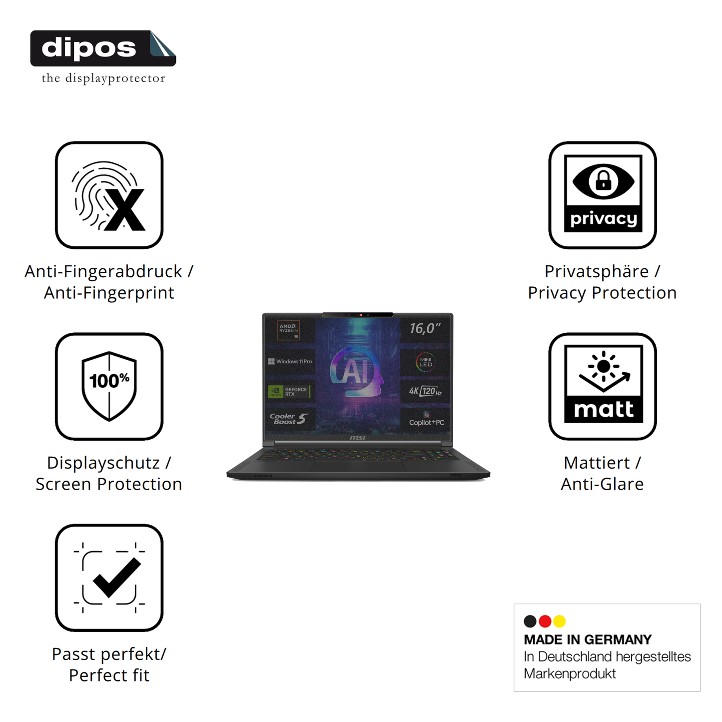 Privatsphäre-Schutz durch Sichtschutz-Folie passend zugeschnitten für MSI Stealth A16 AI plus