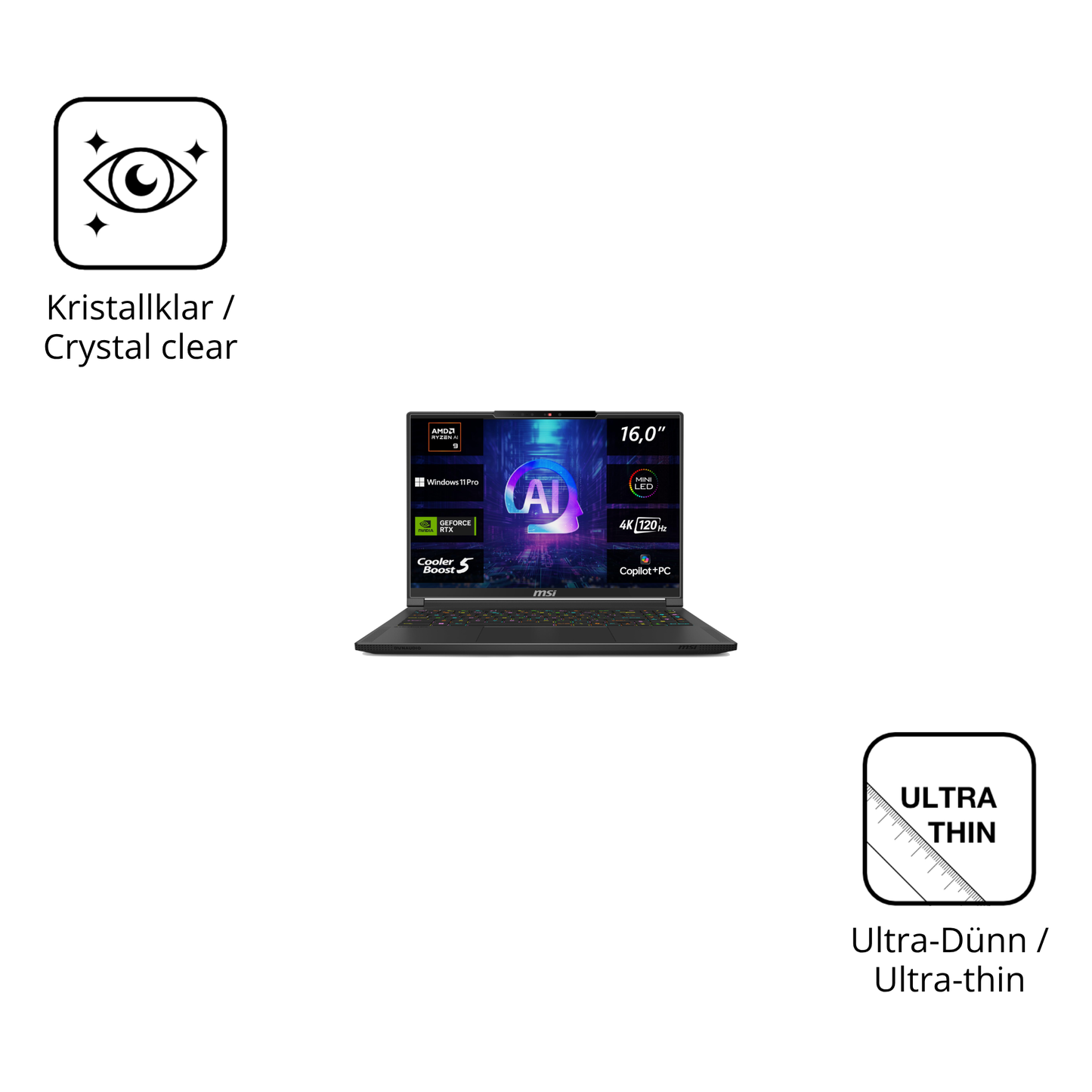 Dünne und klare Folie passend zugeschnitten für MSI Stealth A16 AI plus