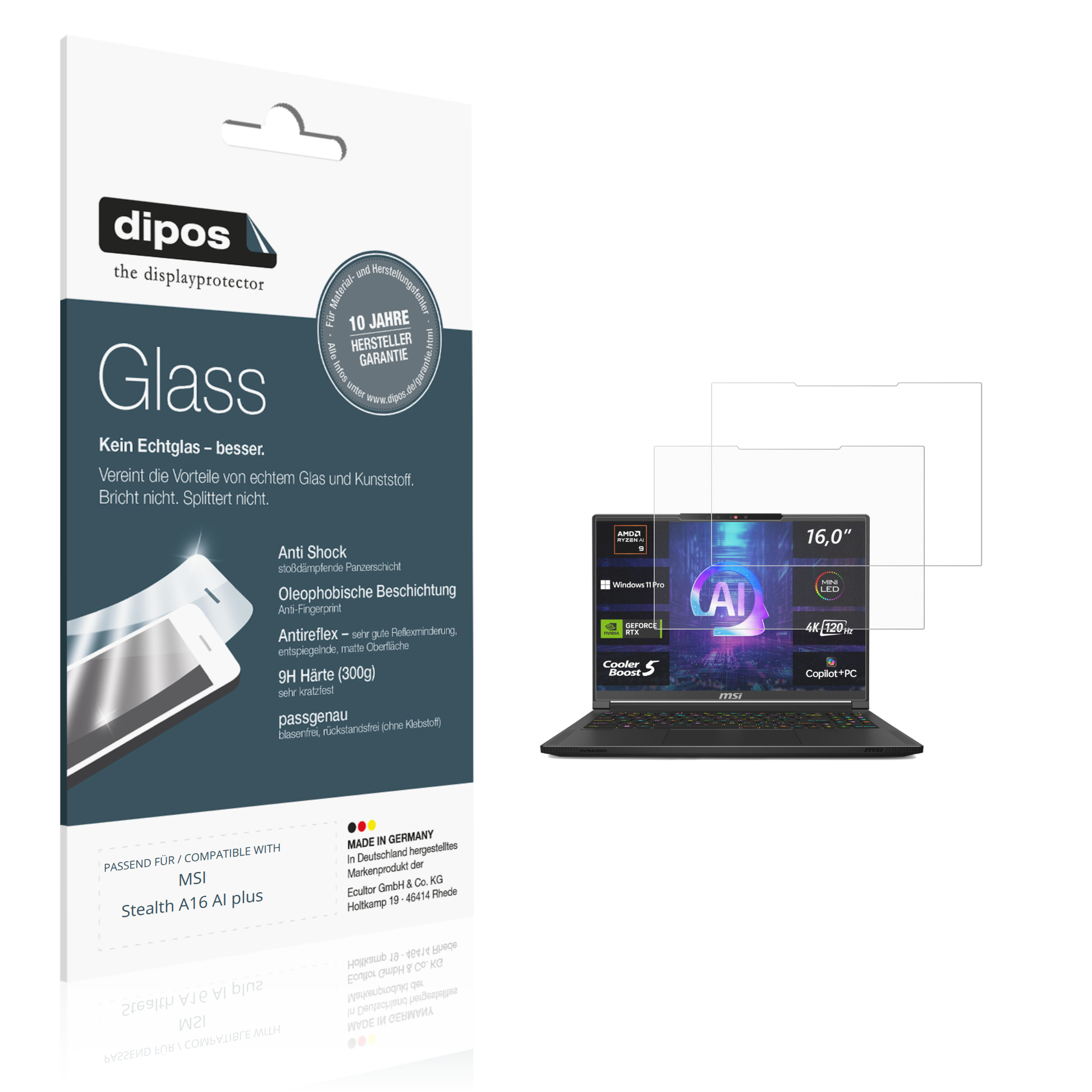Matte Displayschutzfolie von dipos passend für MSI Stealth A16 AI plus, 9H kratzfest und blasenfrei montiert