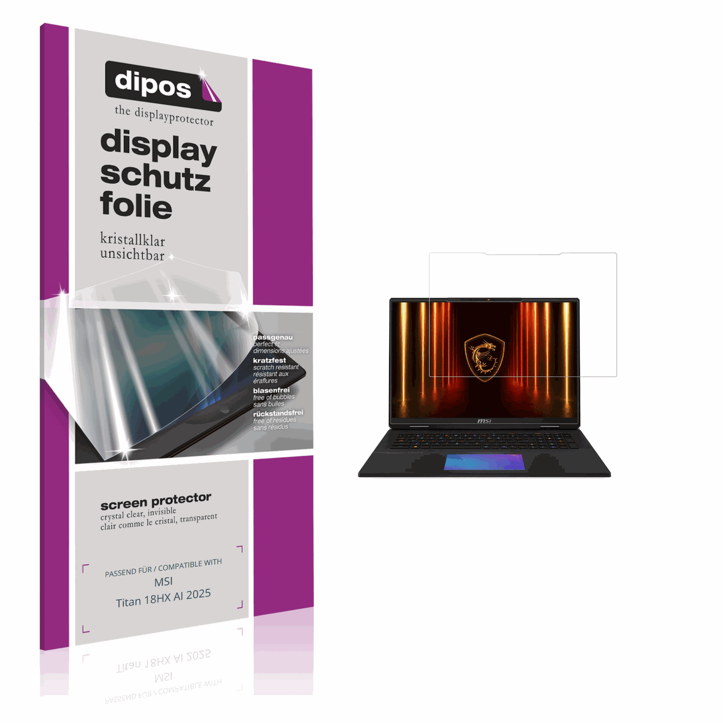 Klare Displayschutzfolie von dipos passend für MSI Titan 18HX AI 2025, präziser Zuschnitt und blasenfrei montiert