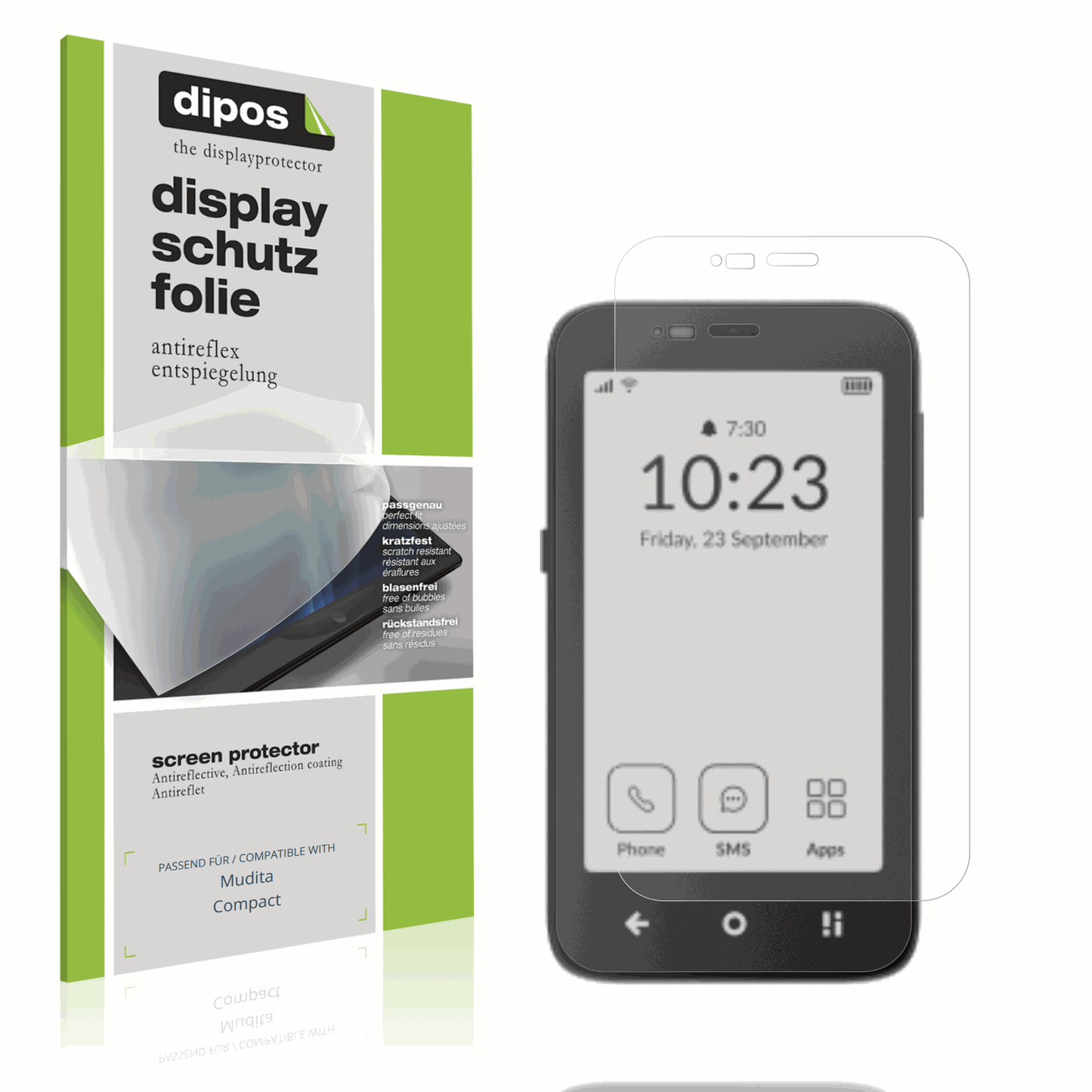 Matte Displayschutzfolie von dipos passend für muditacompact, präziser Zuschnitt und blasenfrei montiert
