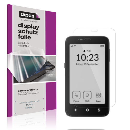 Klare Displayschutzfolie von dipos passend für muditacompact, präziser Zuschnitt und blasenfrei montiert