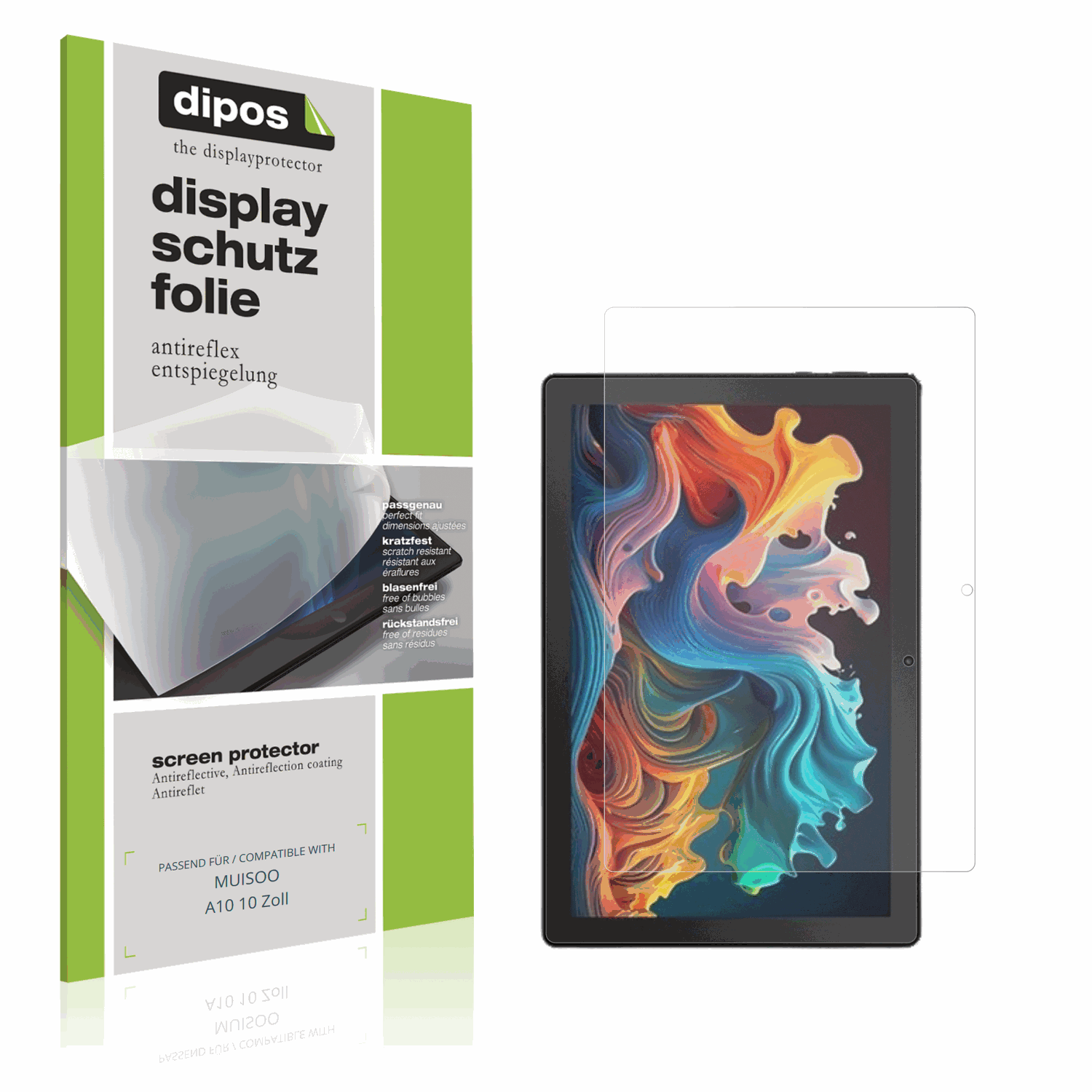 Matte Displayschutzfolie von dipos passend für MUISOO A10 10 Zoll, präziser Zuschnitt und blasenfrei montiert