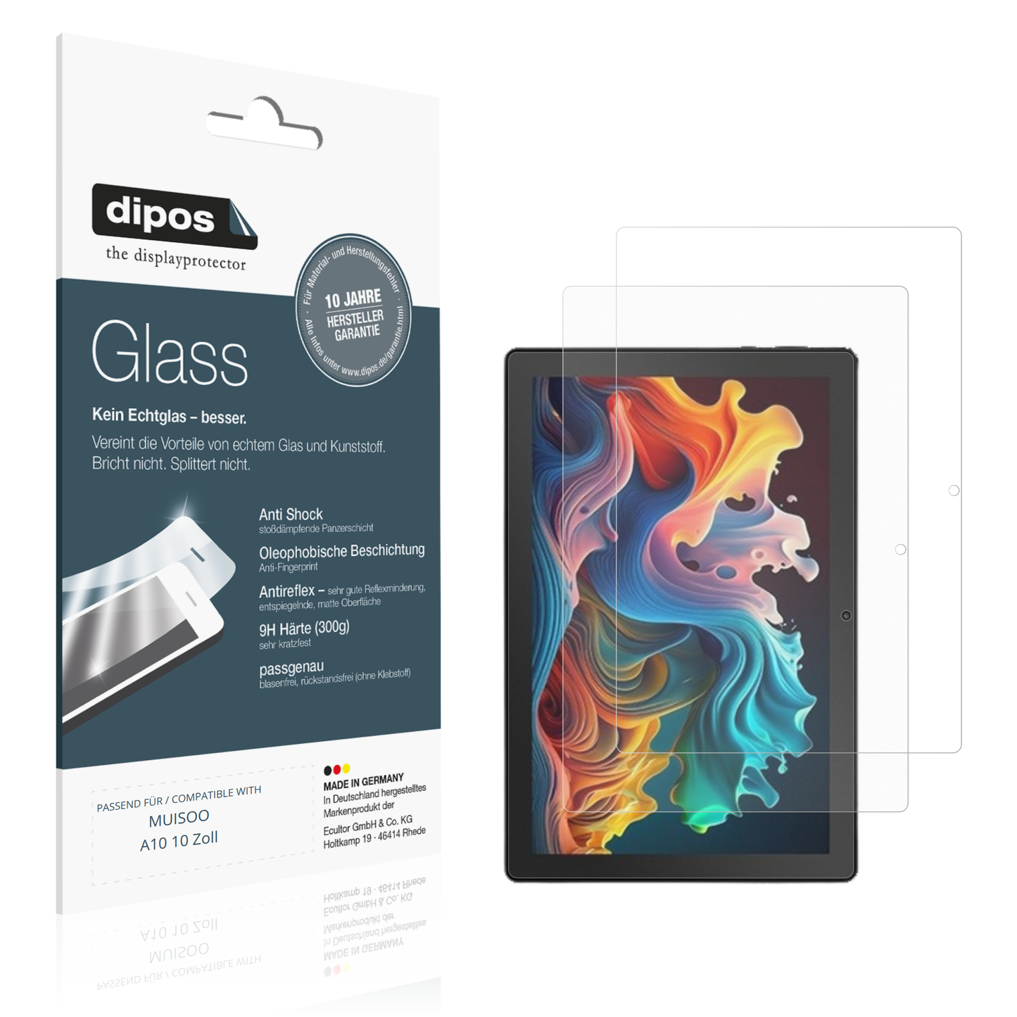 Matte Displayschutzfolie von dipos passend für MUISOO A10 10 Zoll, 9H kratzfest und blasenfrei montiert