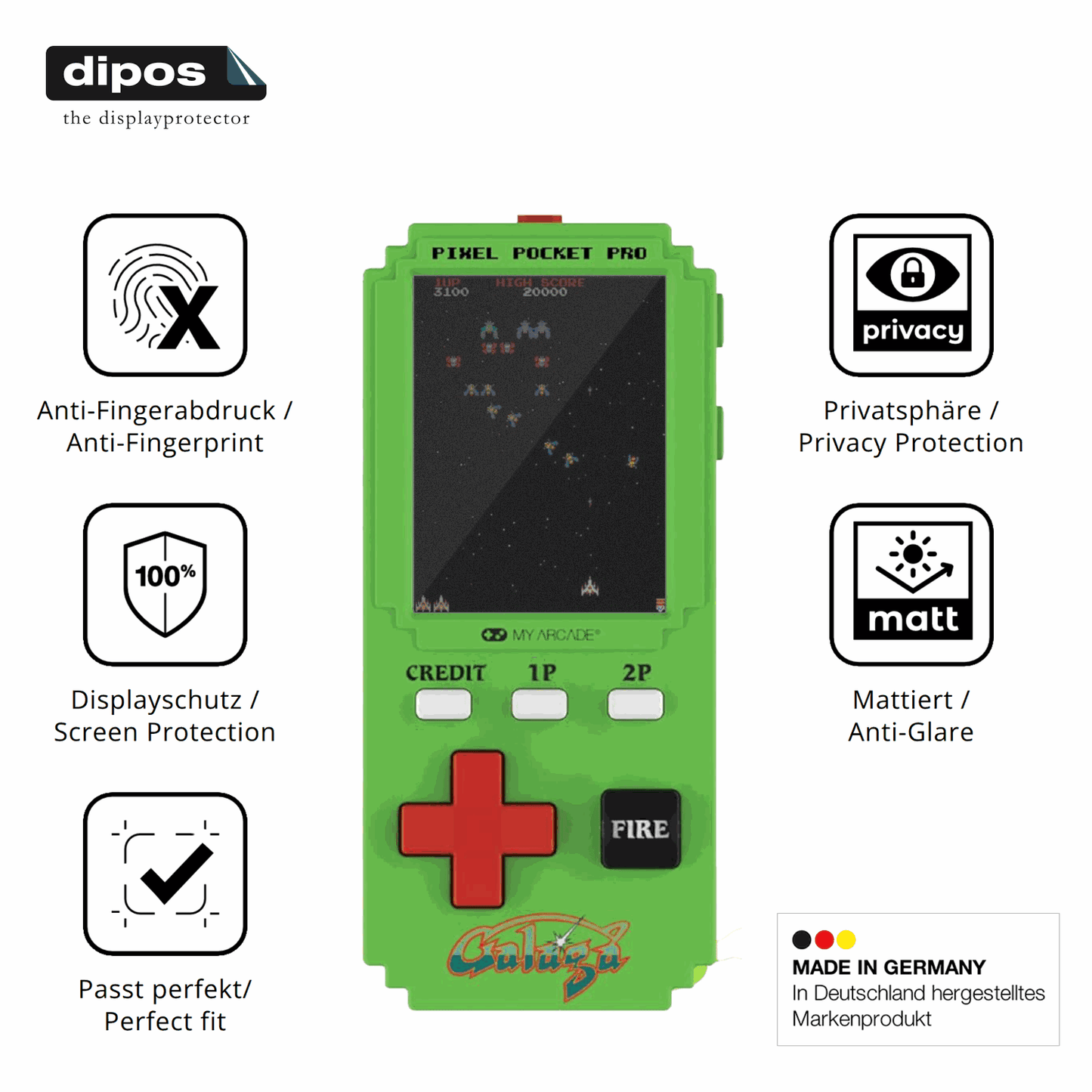 Blickschutzfolie für MyArcade Pixel Pocket Pro Galaga matt Schutzfolie Privacy