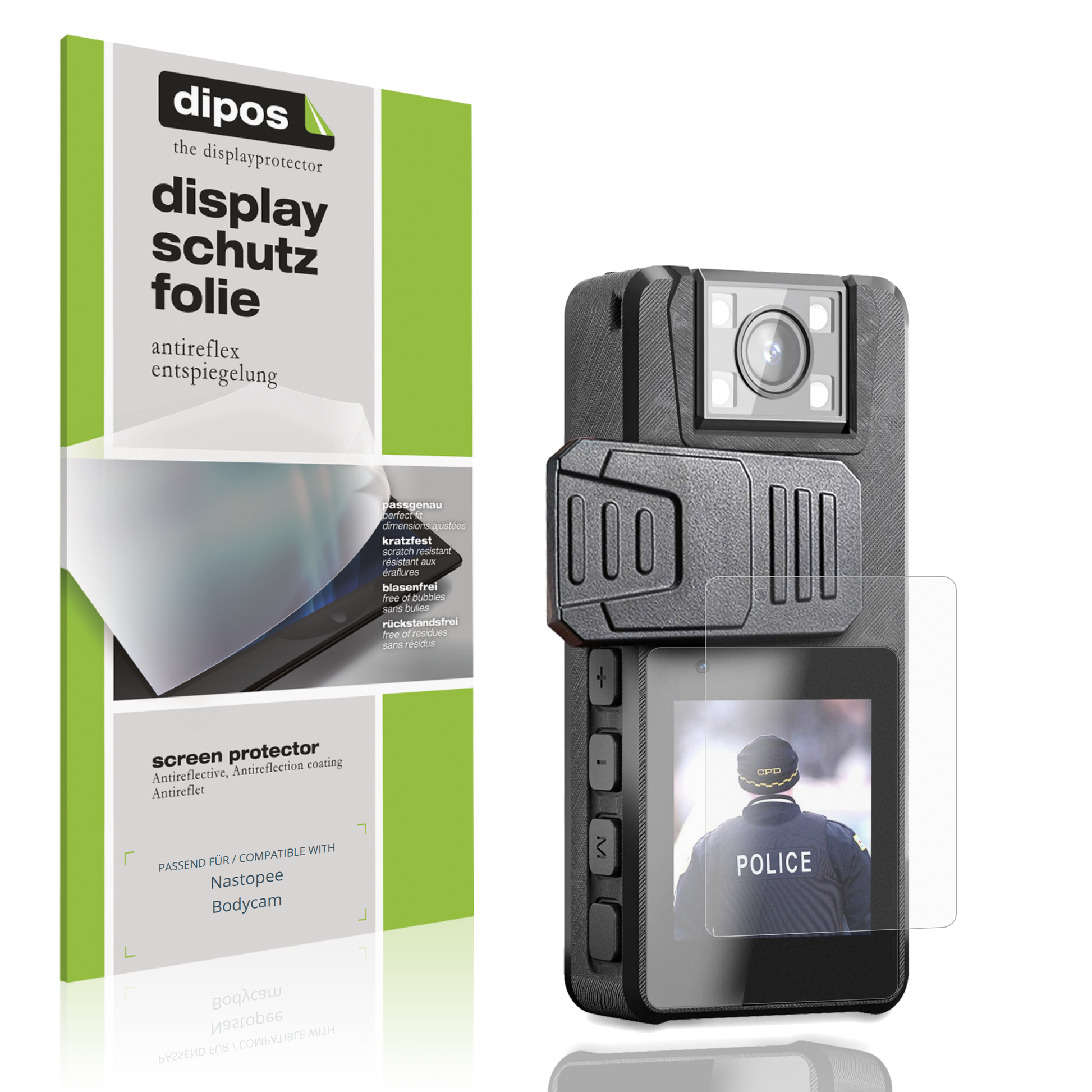 Matte Displayschutzfolie von dipos passend für Nastopee Bodycam, präziser Zuschnitt und blasenfrei montiert