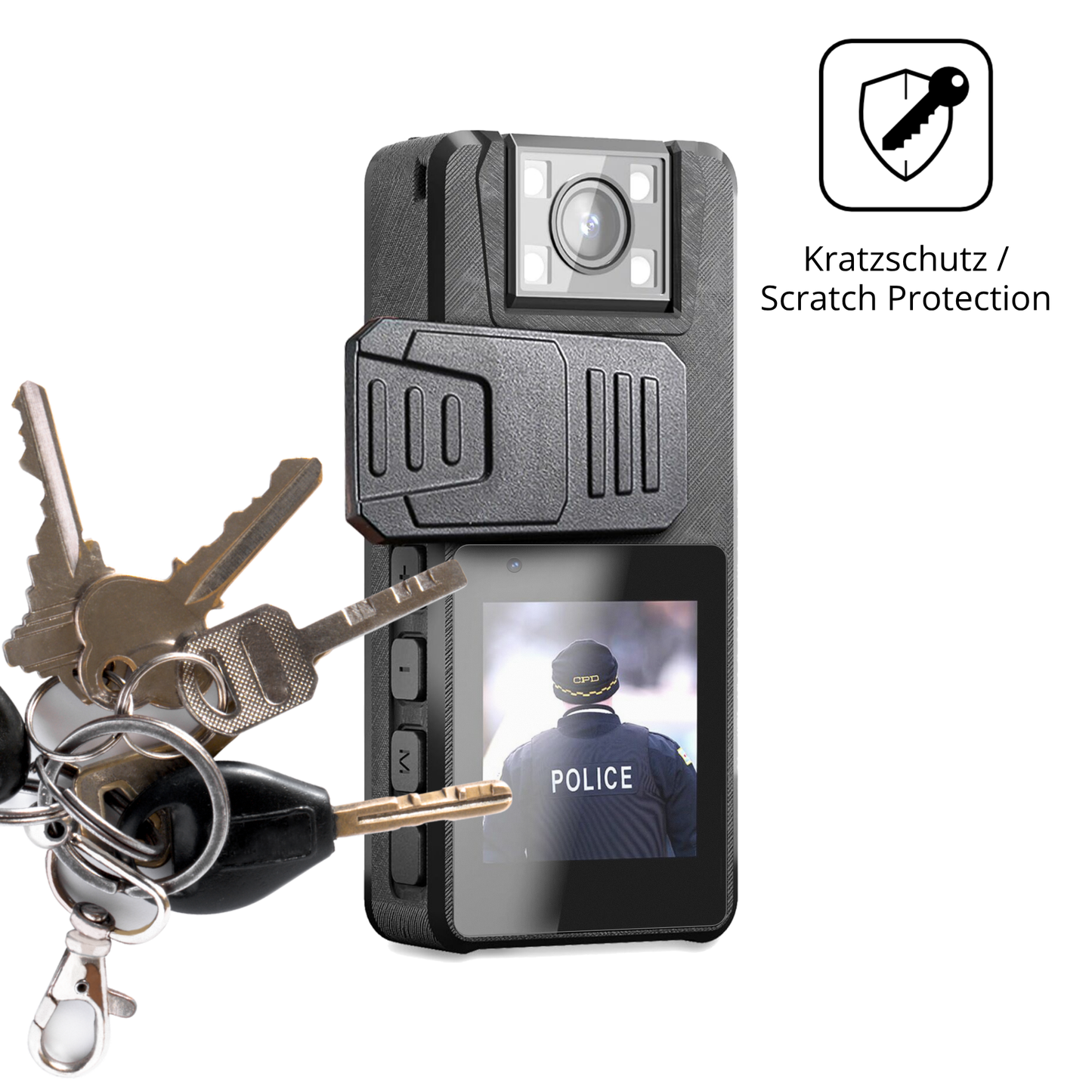 Schutz gegen Kratzer auf dem Nastopee Bodycam Glas durch Schlüssel oder Ähnliches