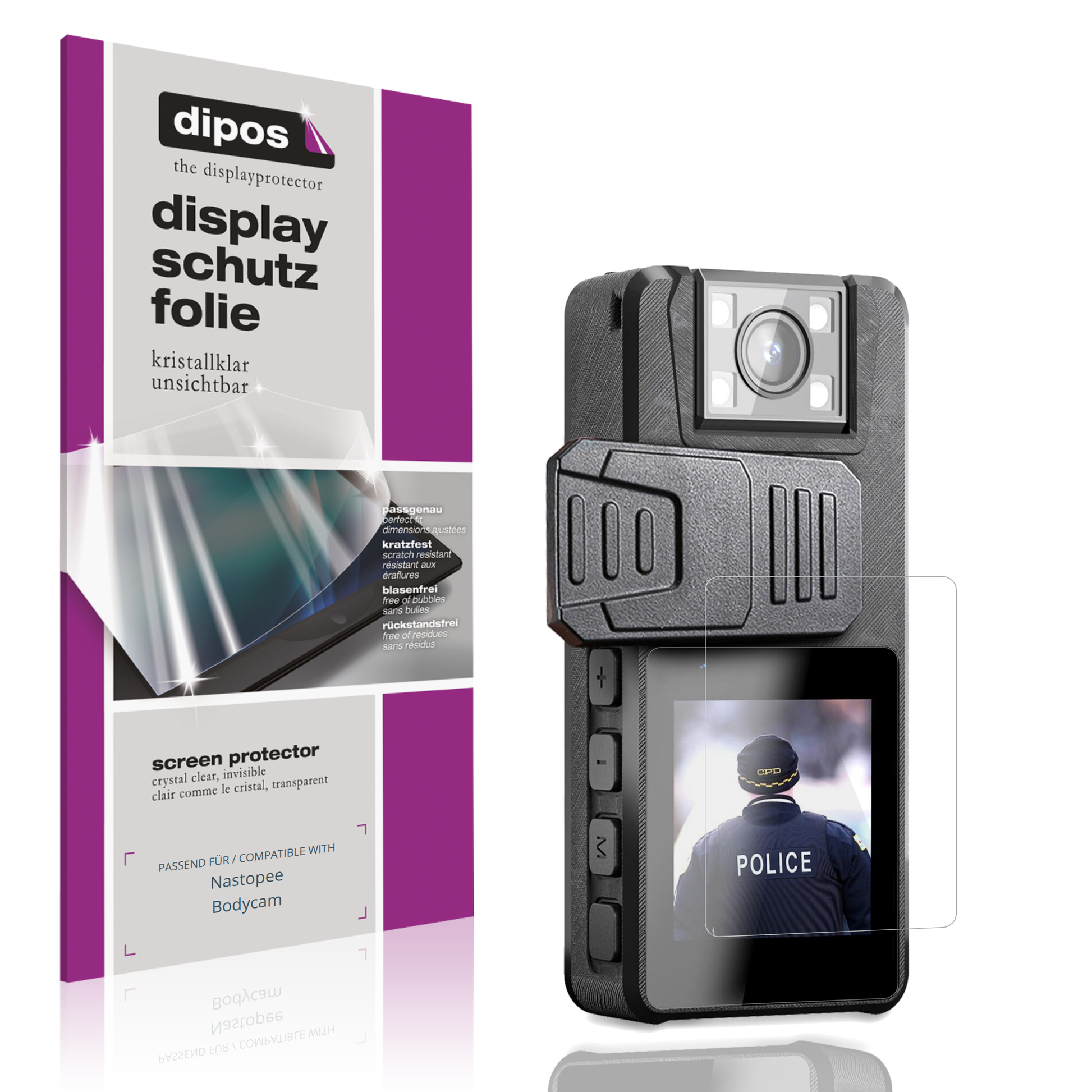 Klare Displayschutzfolie von dipos passend für Nastopee Bodycam, präziser Zuschnitt und blasenfrei montiert