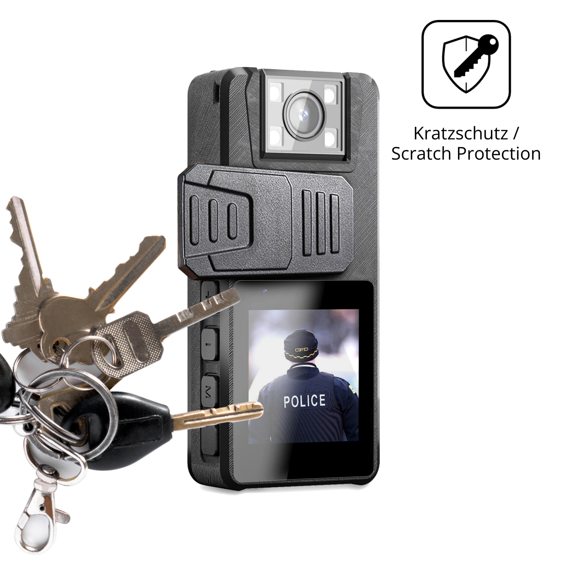 Schutz gegen Kratzer auf dem Nastopee Bodycam Glas durch Schlüssel oder Ähnliches