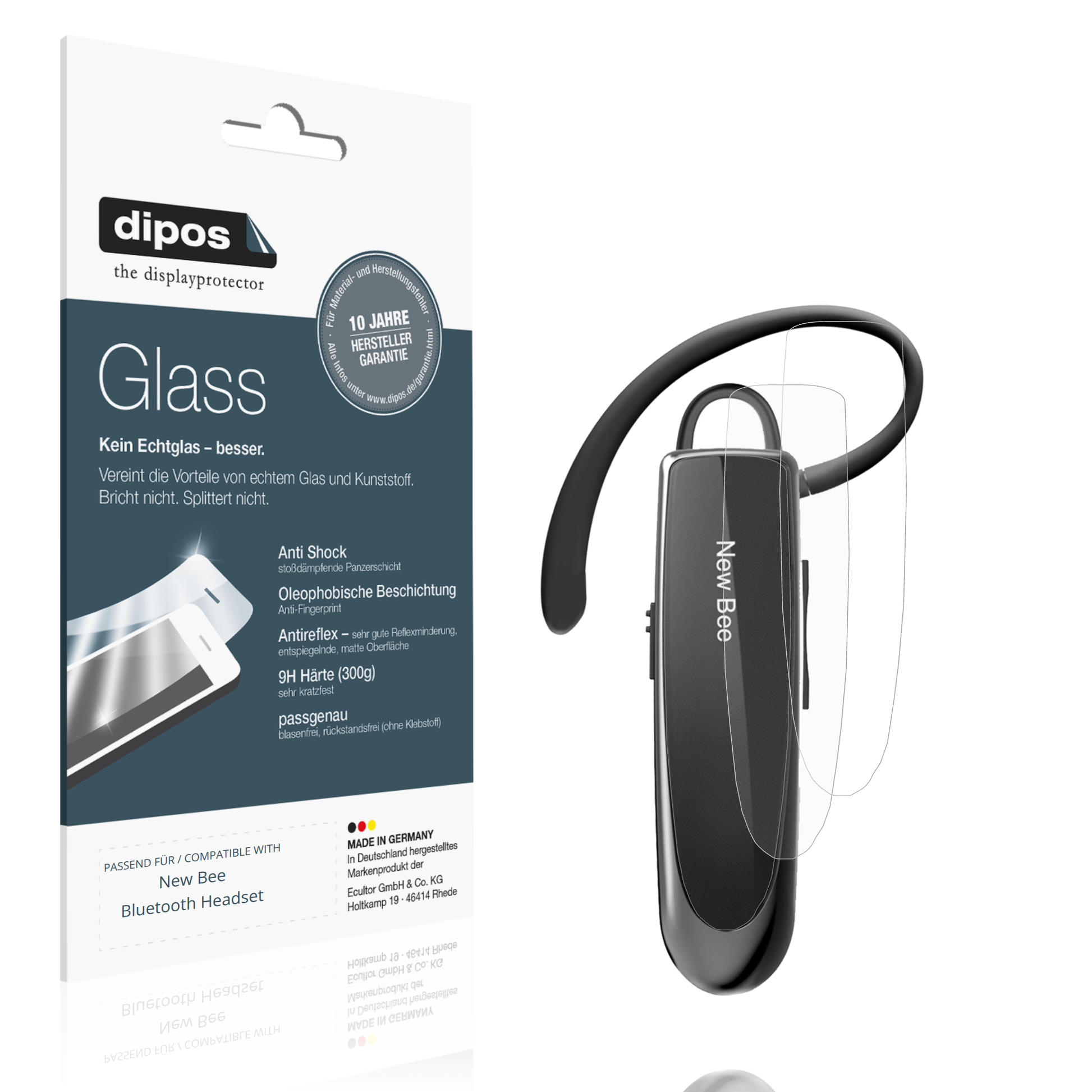 Matte Displayschutzfolie von dipos passend für New Bee Bluetooth Headset, 9H kratzfest und blasenfrei montiert