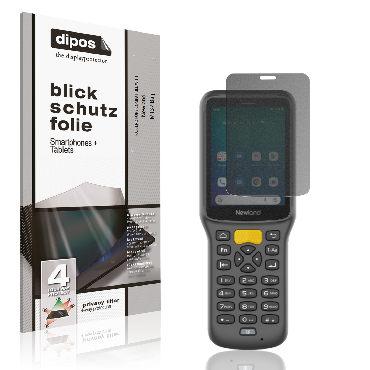 Blickschutzfolie von dipos passend für Newland MT37 Baiji, präziser Zuschnitt und blasenfrei montiert
