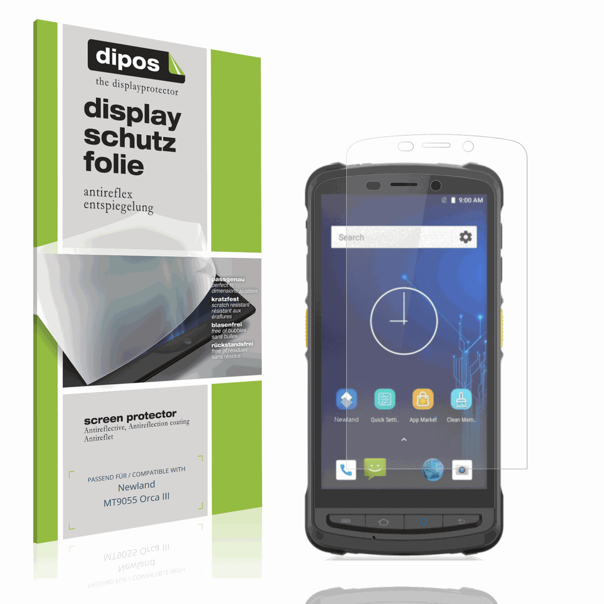 Matte Displayschutzfolie von dipos passend für Newland MT9055 Orca III, präziser Zuschnitt und blasenfrei montiert
