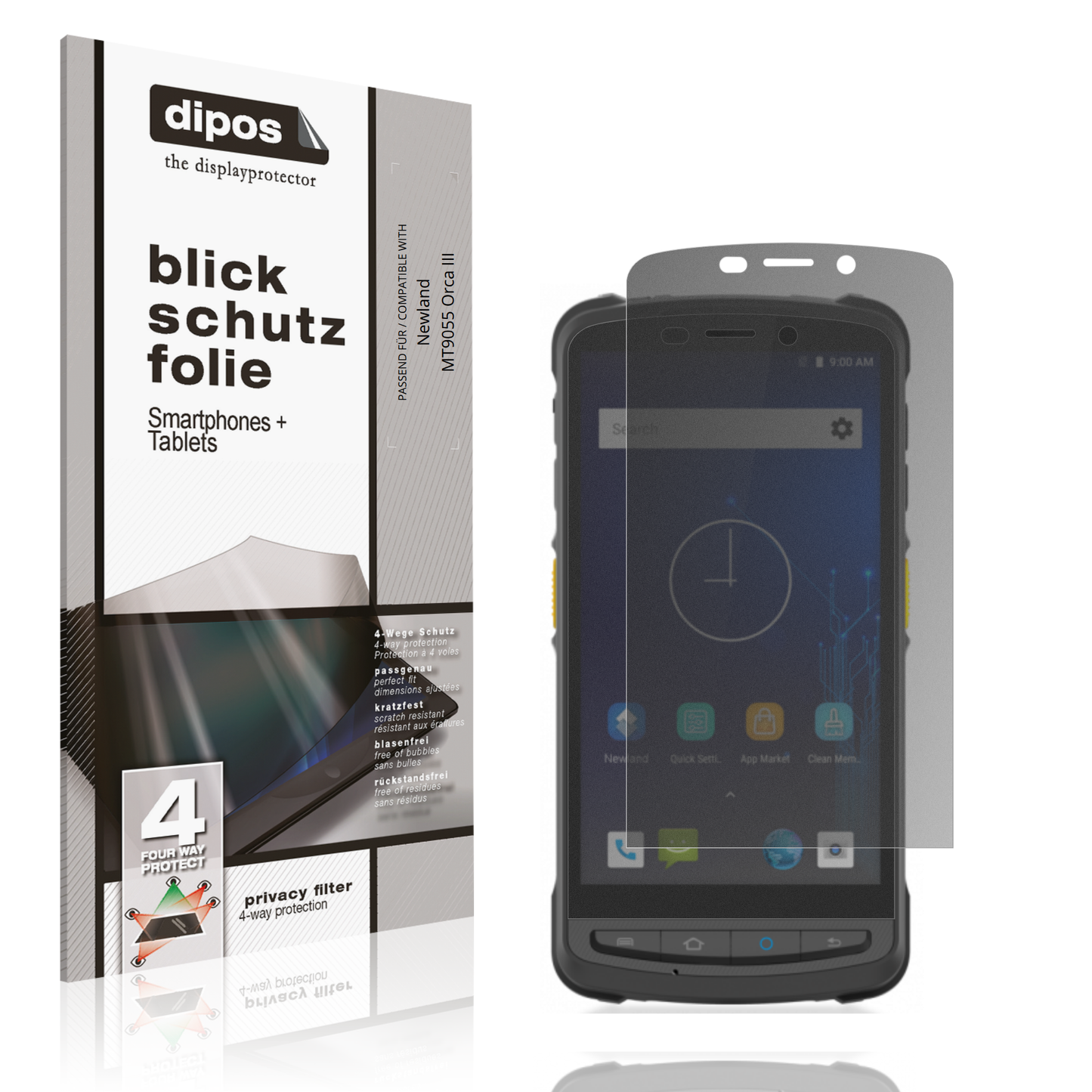 Blickschutzfolie von dipos passend für Newland MT9055 Orca III, präziser Zuschnitt und blasenfrei montiert