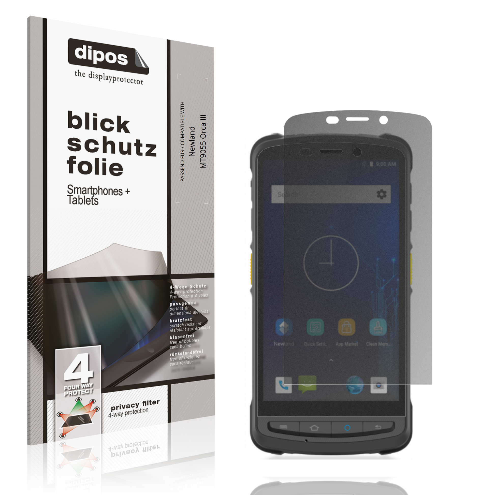 Blickschutzfolie von dipos passend für Newland MT9055 Orca III, präziser Zuschnitt und blasenfrei montiert
