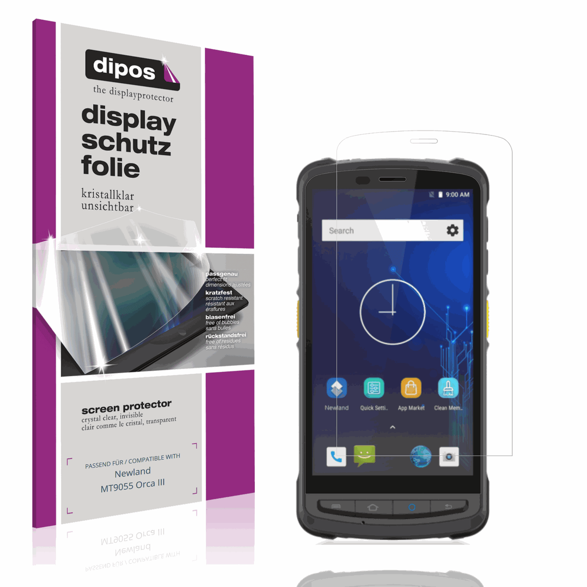 Klare Displayschutzfolie von dipos passend für Newland MT9055 Orca III, präziser Zuschnitt und blasenfrei montiert