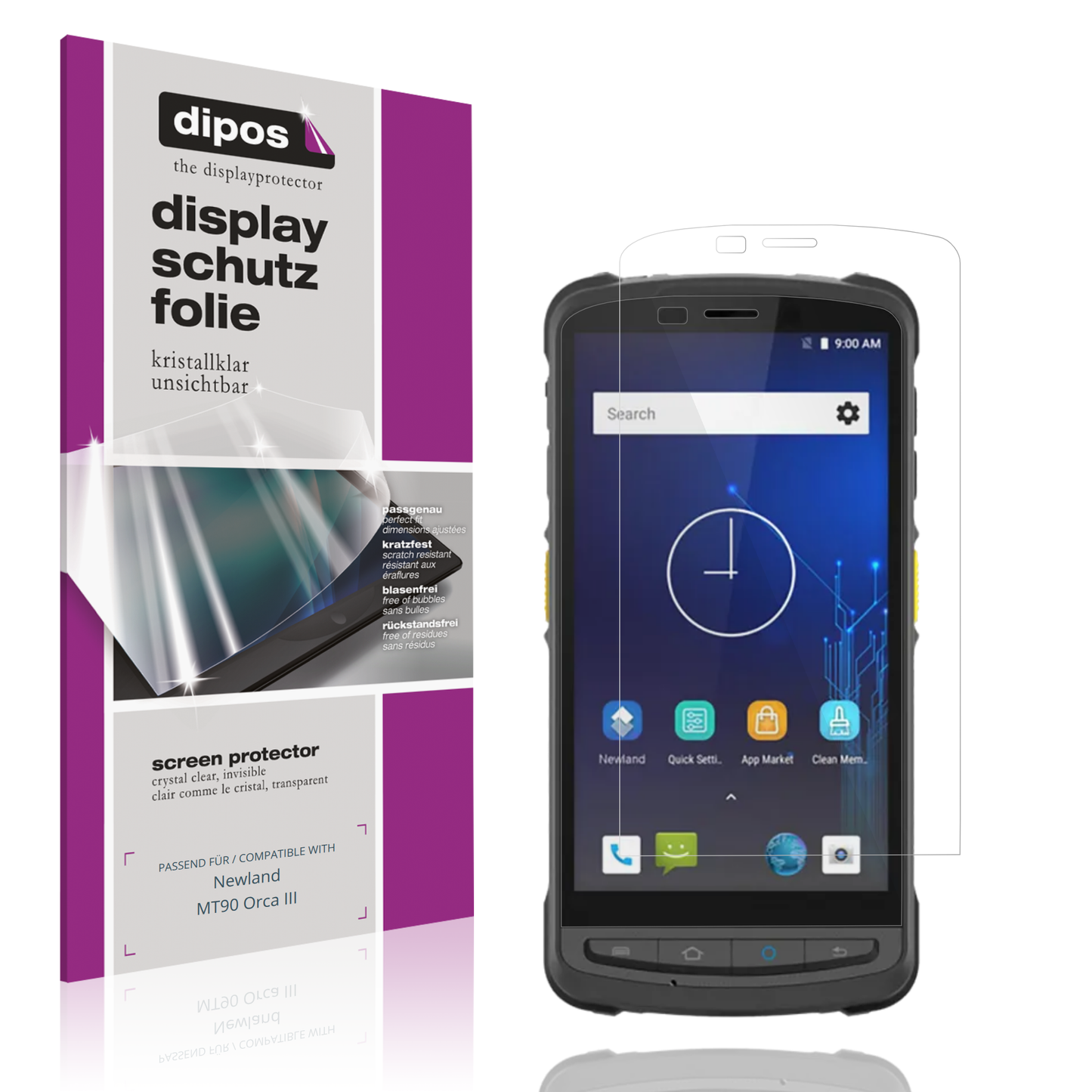 Klare Displayschutzfolie von dipos passend für Newland MT90 Orca III, präziser Zuschnitt und blasenfrei montiert