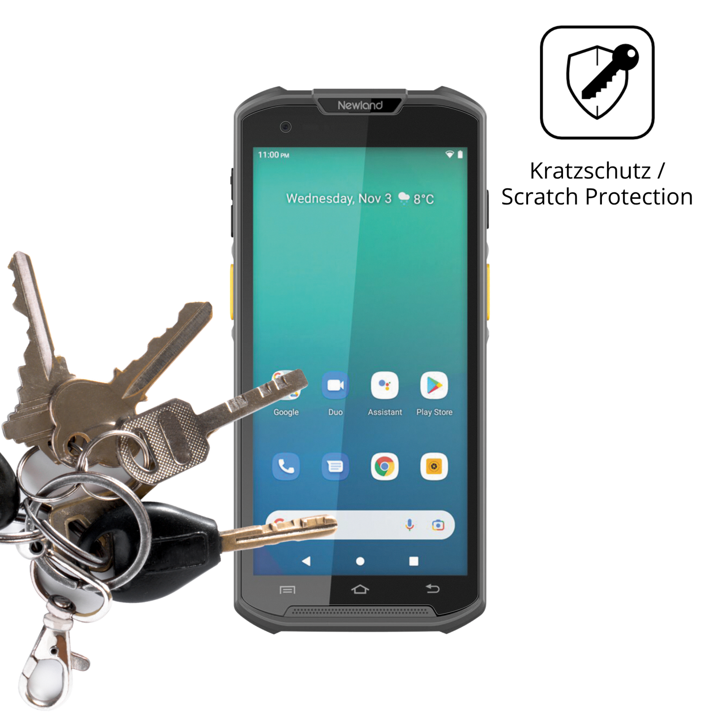 Schutz gegen Kratzer auf dem Newland MT93 Glas durch Schlüssel oder Ähnliches