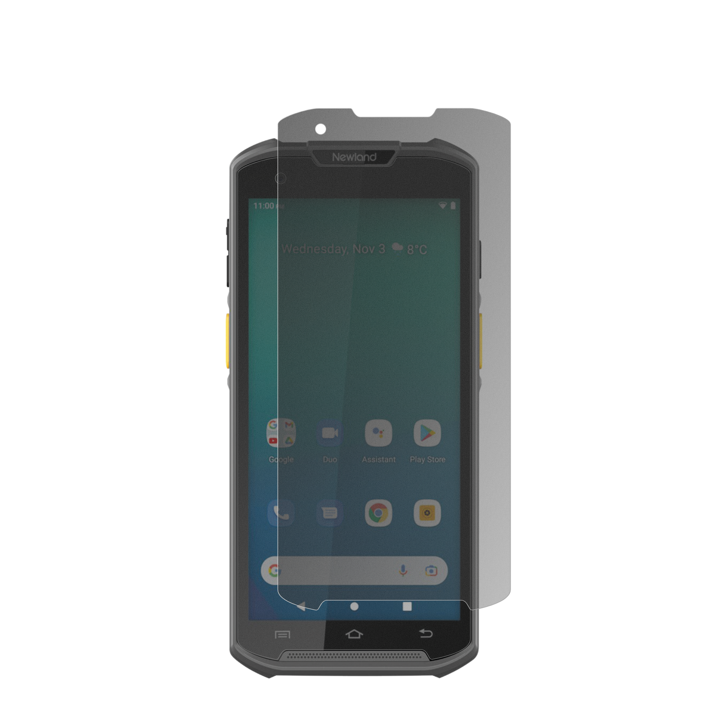 NewlandMT93 mit aufgebrachtem dipos Displayschutz, der seitliche Einblicke blockiert