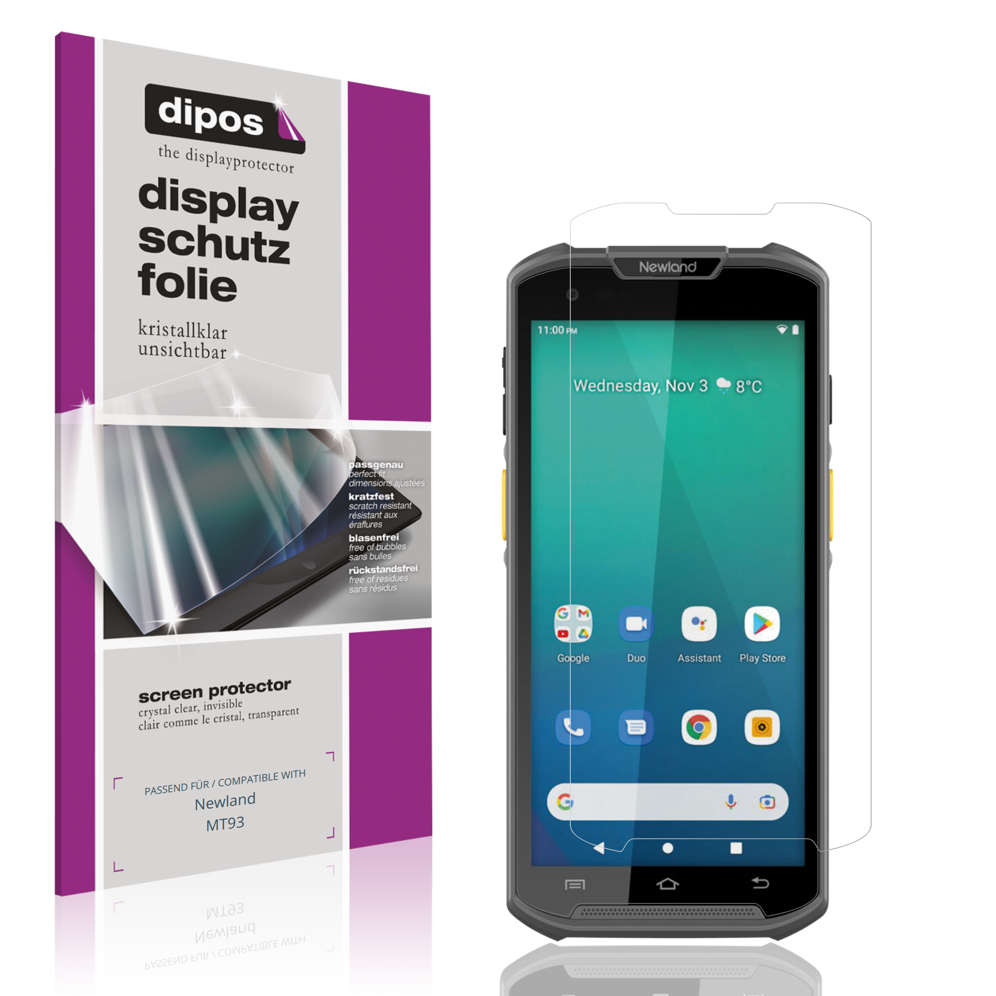 Klare Displayschutzfolie von dipos passend für Newland MT93, präziser Zuschnitt und blasenfrei montiert