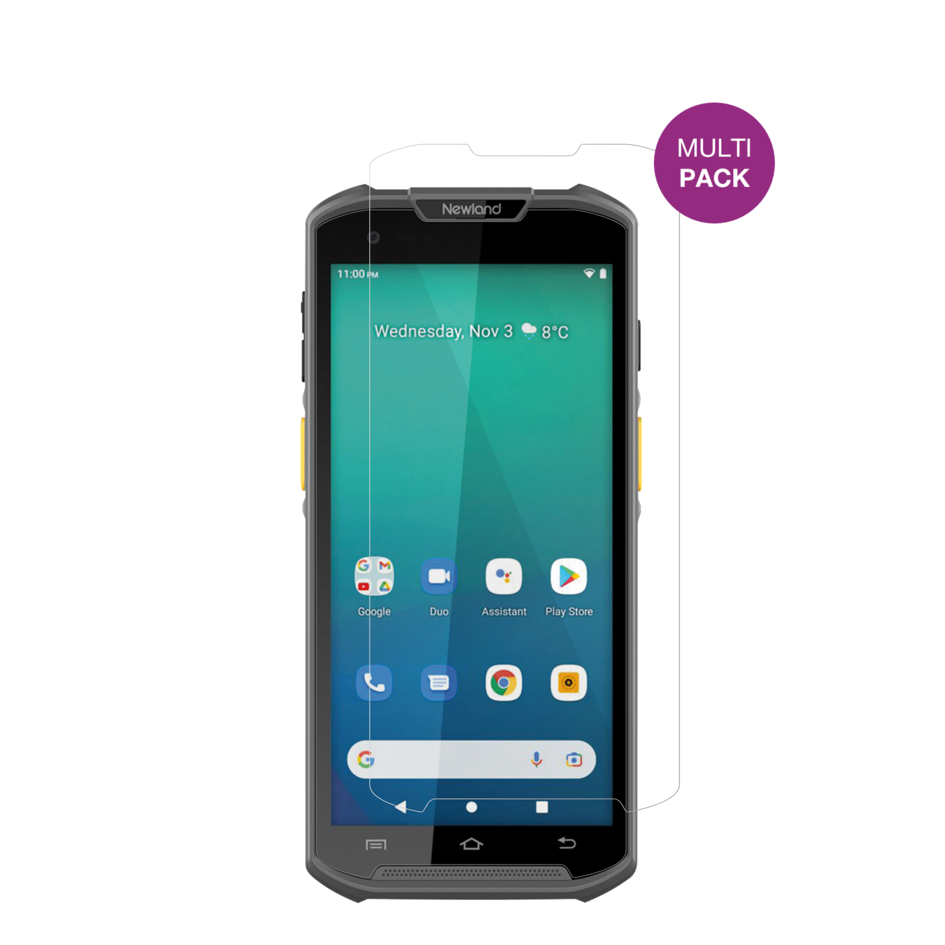 NewlandMT93 mit aufgebrachter dipos Displayschutzfolie, glasklare Darstellung ohne Einschränkungen