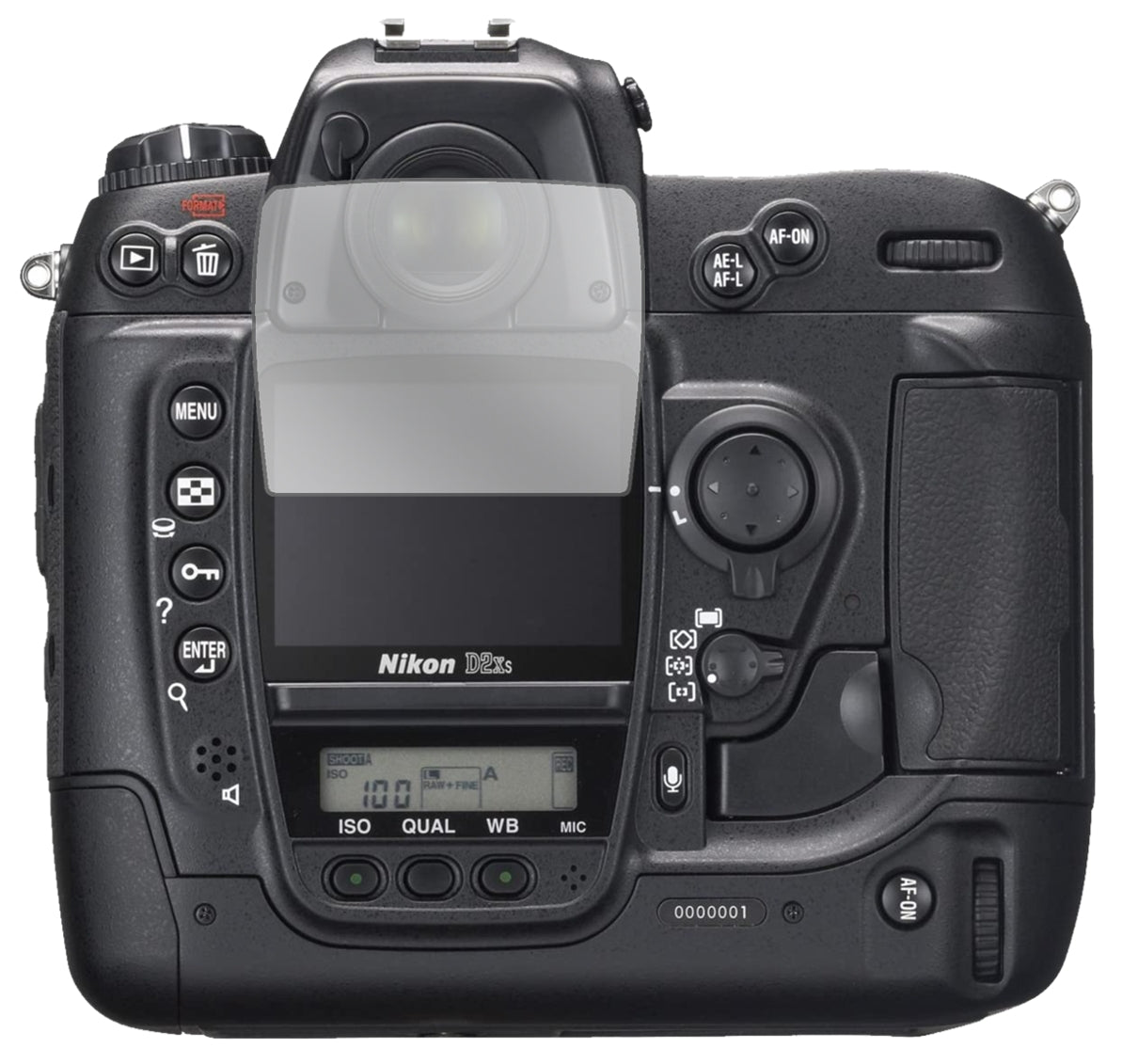 NikonD2H mit aufgebrachter dipos Displayschutzfolie, glasklare Darstellung ohne Einschränkungen