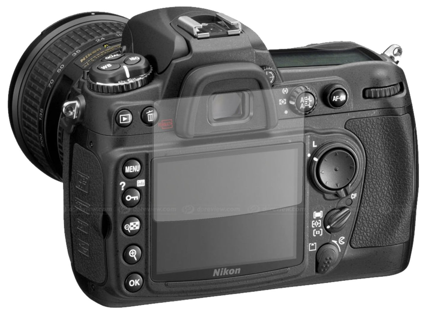 NikonD300 mit aufgebrachter dipos Displayschutzfolie, die lästige Fingerabdrücke minimiert