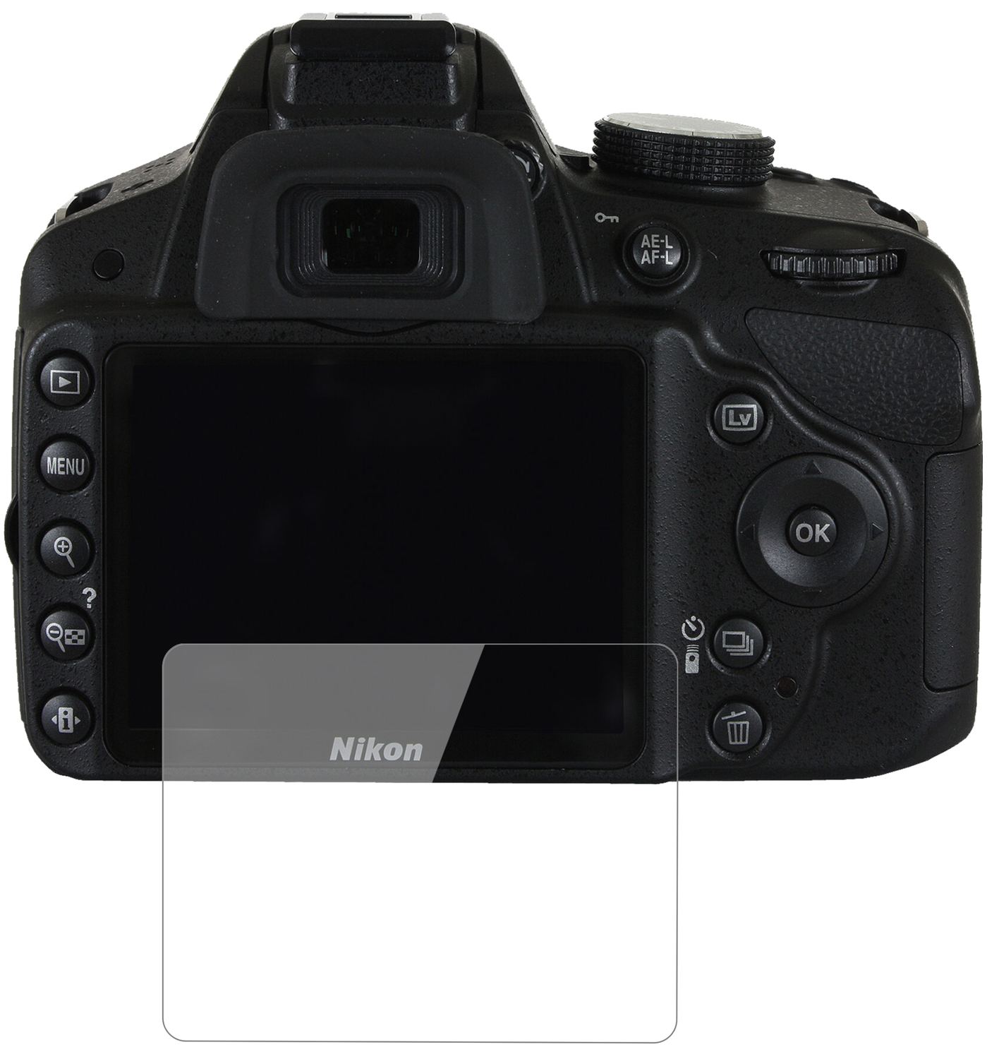 NikonD3200 mit aufgebrachter dipos Flex Schutzfolie, glasklare Darstellung ohne Einschränkungen