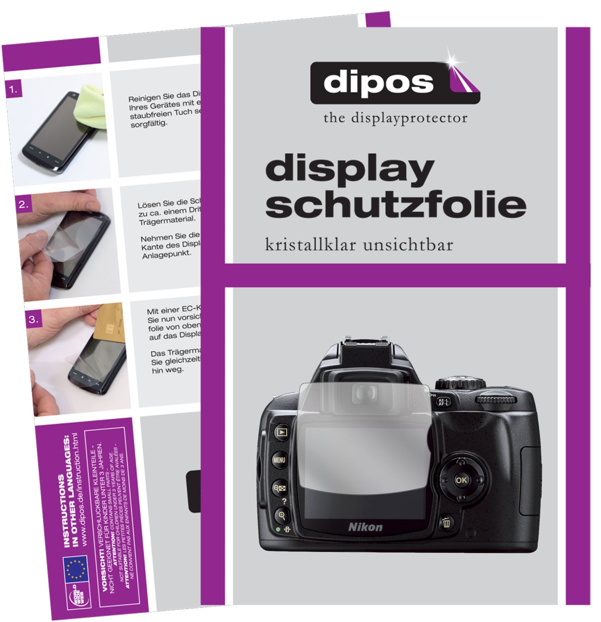 Klare Displayschutzfolie von dipos passend für Nikon D40x, präziser Zuschnitt und blasenfrei montiert