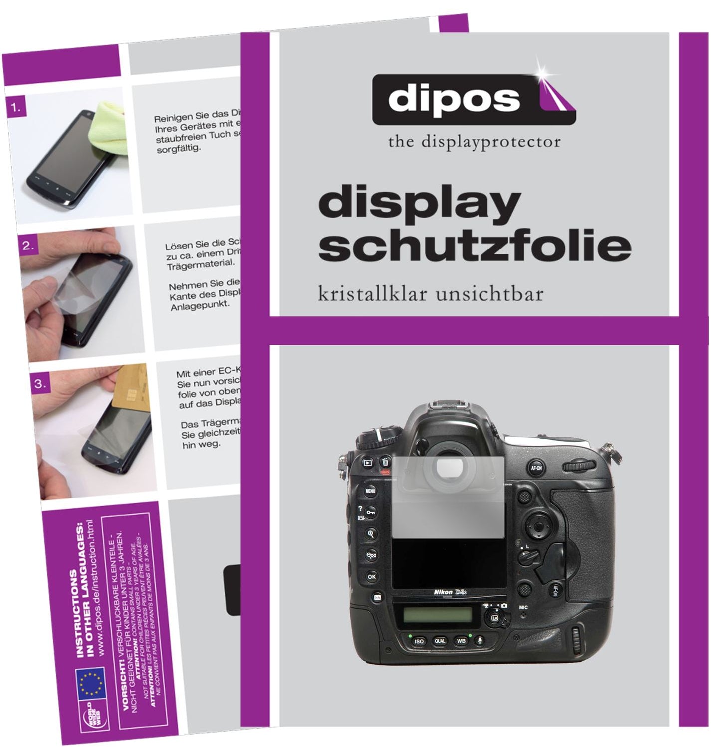 Klare Displayschutzfolie von dipos passend für Nikon D4s, präziser Zuschnitt und blasenfrei montiert