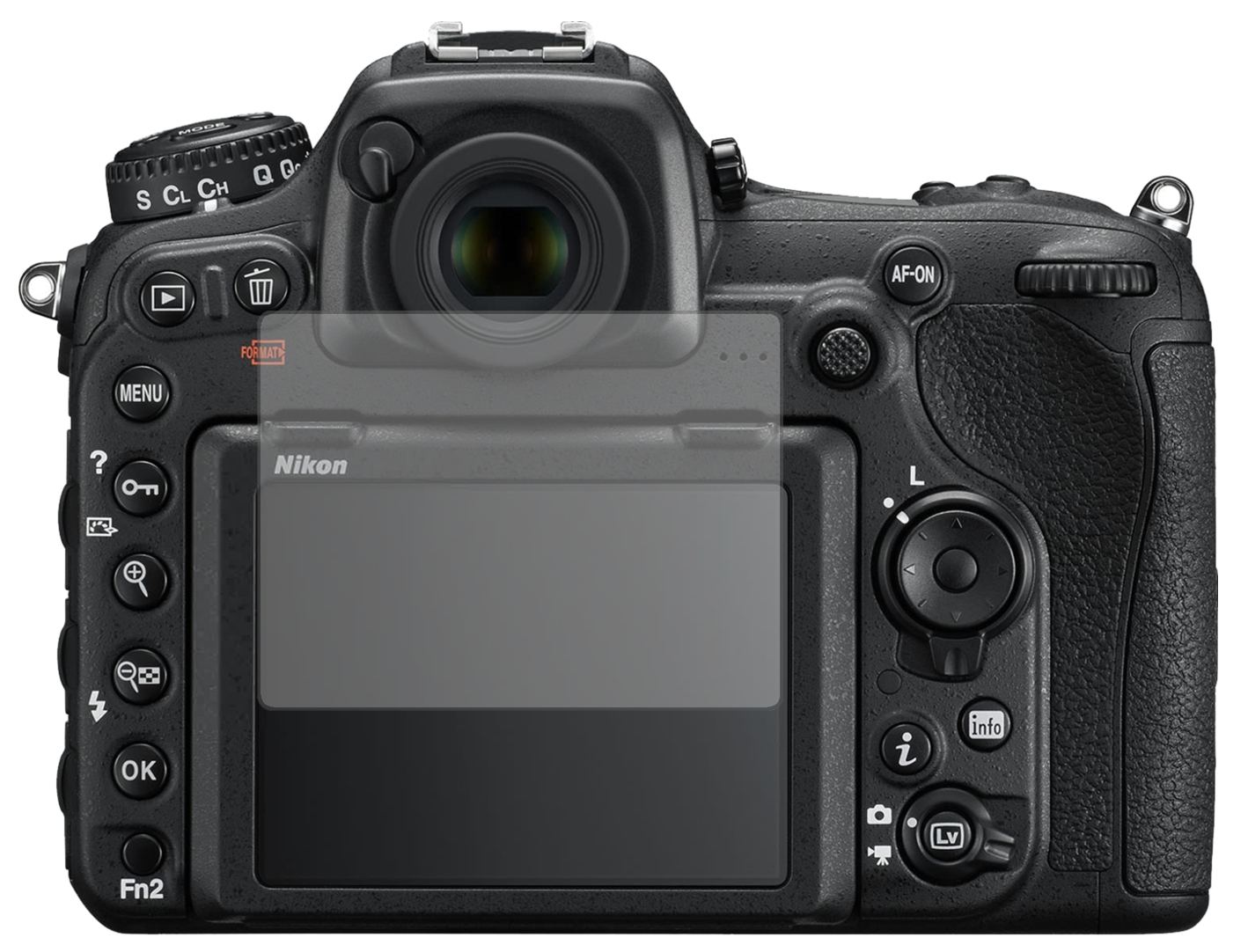NikonD500 mit aufgebrachter dipos Displayschutzfolie, die lästige Fingerabdrücke minimiert