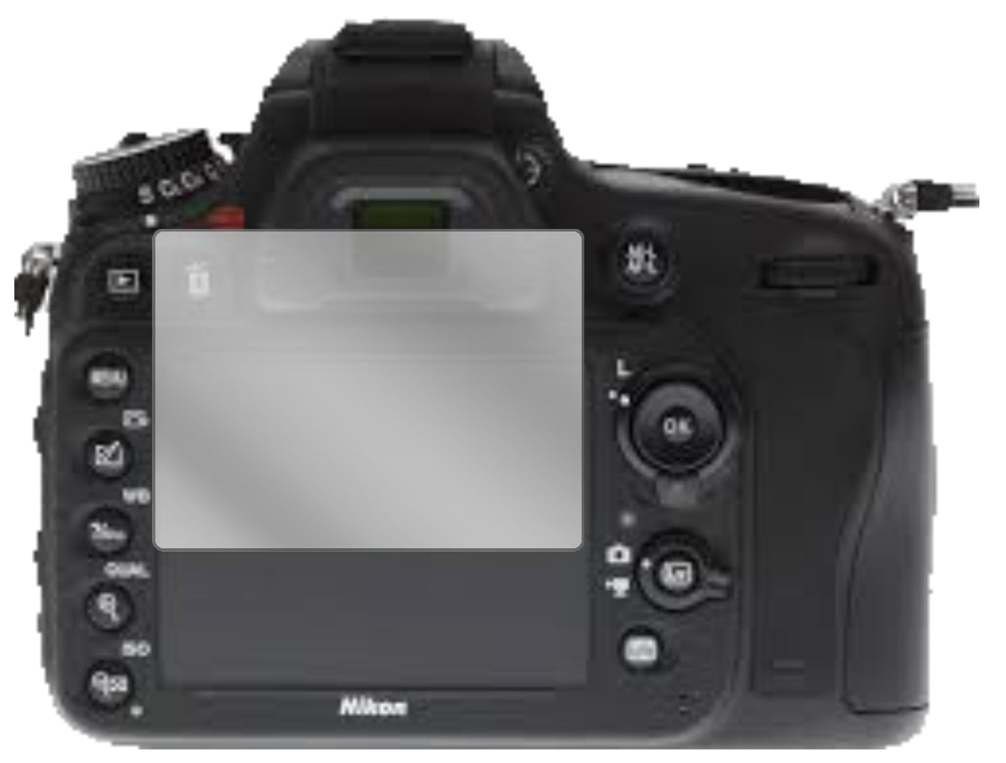 NikonD610 mit aufgebrachter dipos Displayschutzfolie, glasklare Darstellung ohne Einschränkungen
