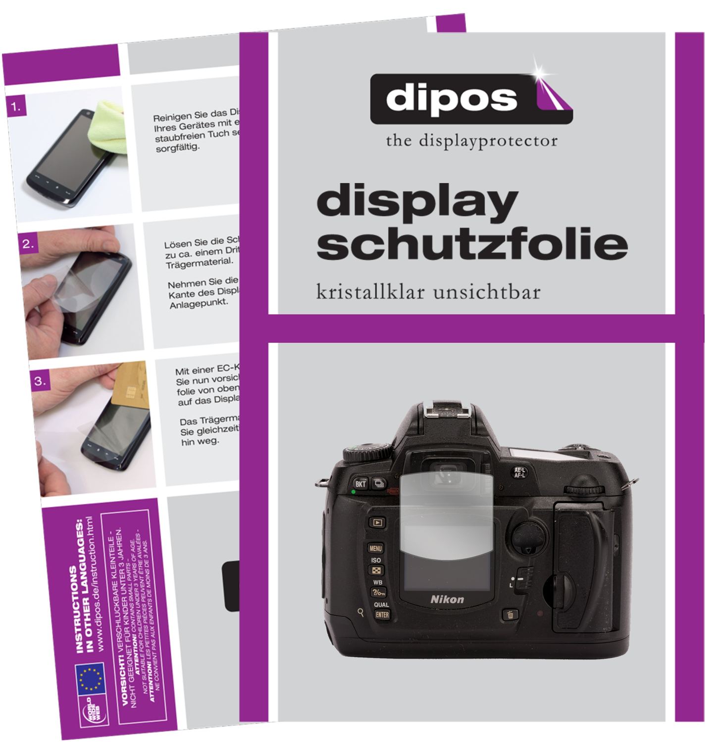 Klare Displayschutzfolie von dipos passend für Nikon D70, präziser Zuschnitt und blasenfrei montiert