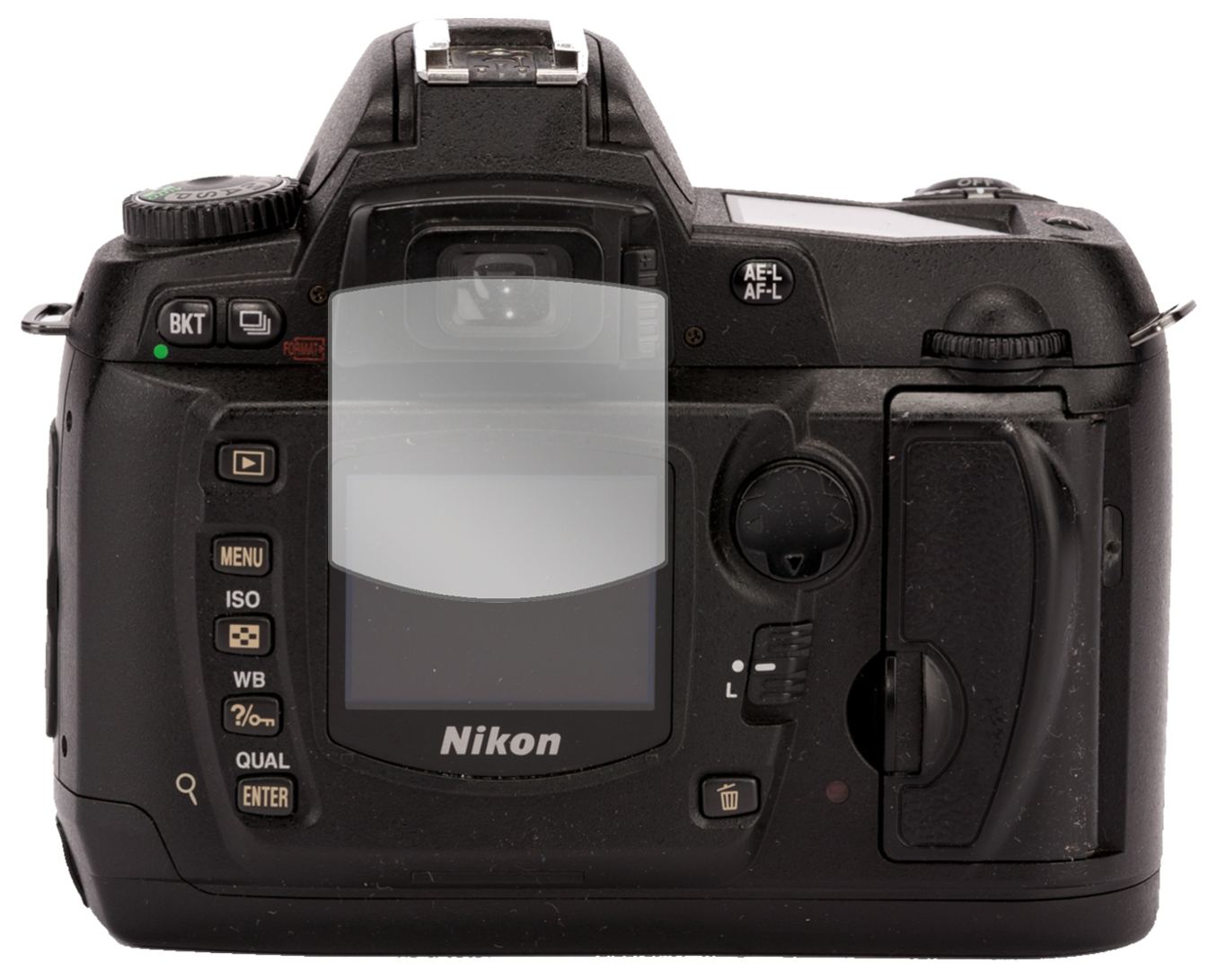 NikonD70 mit aufgebrachter dipos Displayschutzfolie, glasklare Darstellung ohne Einschränkungen