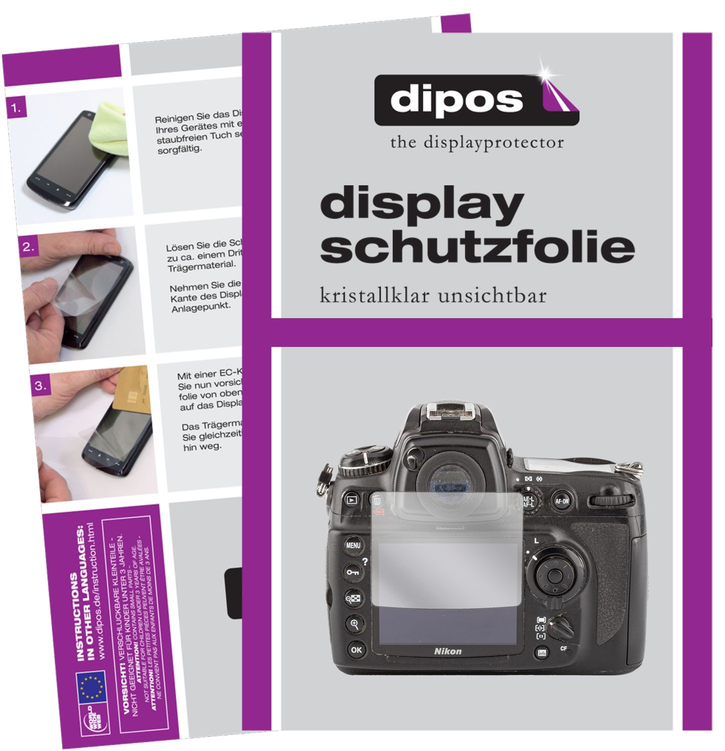 Klare Displayschutzfolie von dipos passend für Nikon D700, präziser Zuschnitt und blasenfrei montiert
