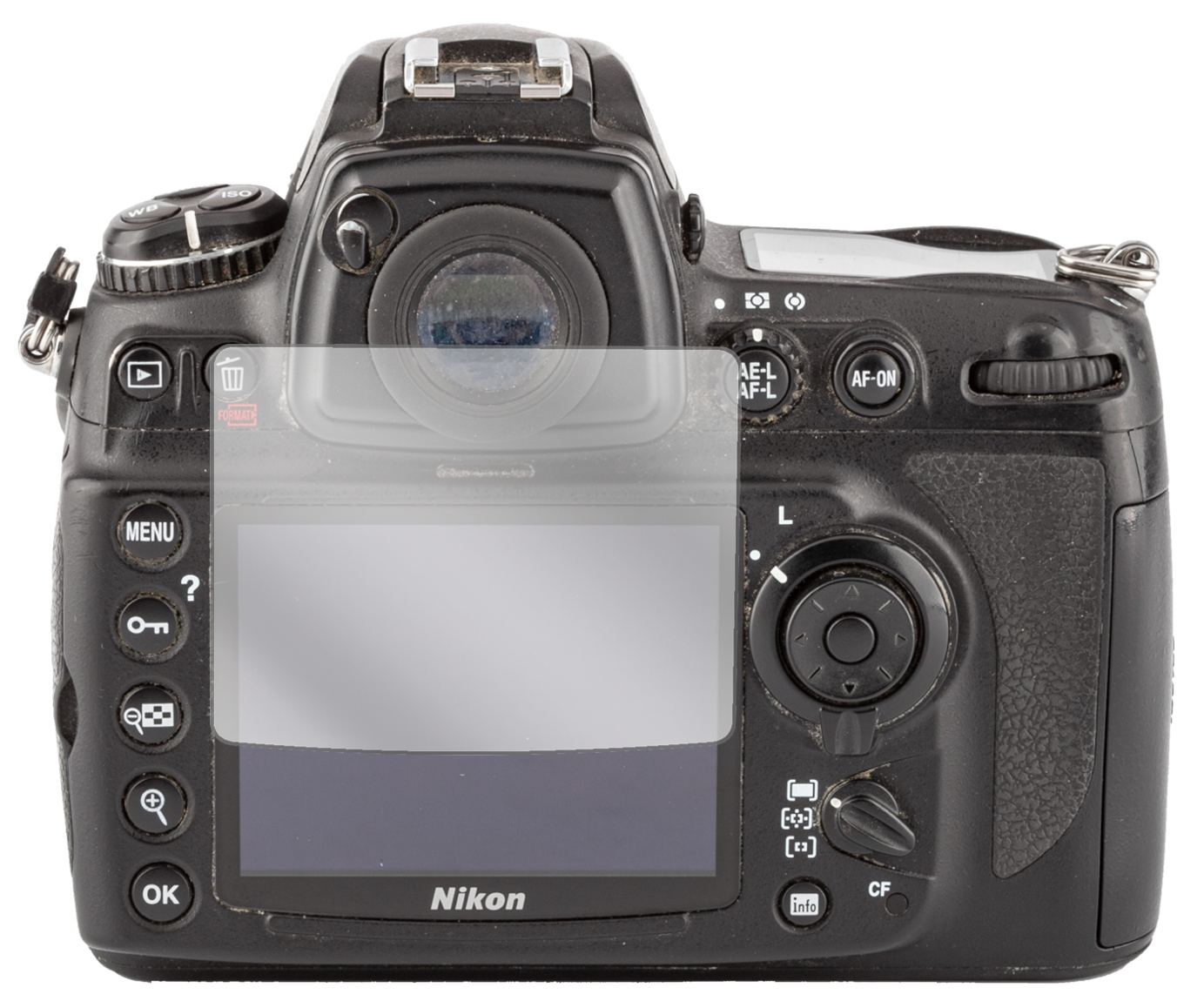 NikonD700 mit aufgebrachter dipos Displayschutzfolie, glasklare Darstellung ohne Einschränkungen