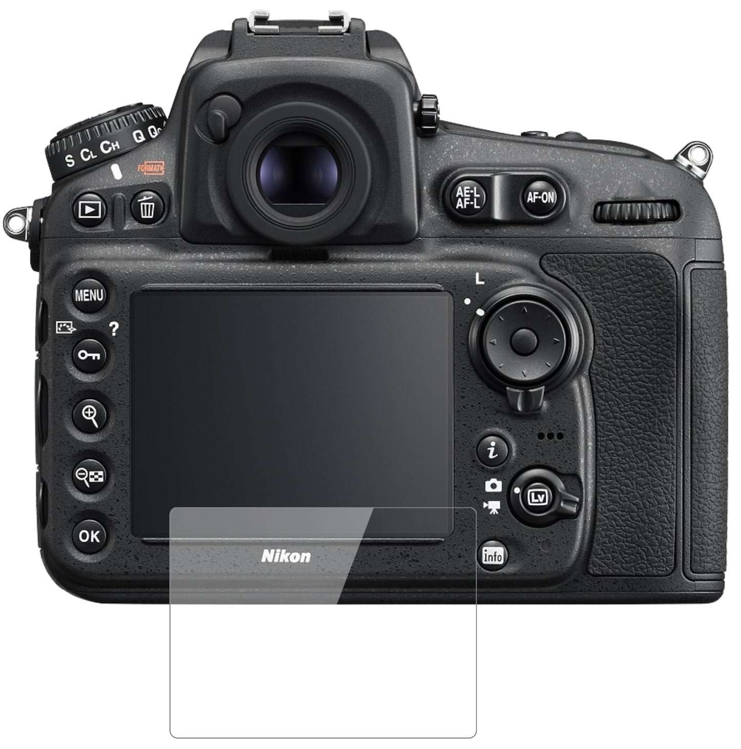 NikonD810A mit aufgebrachter dipos Flex Schutzfolie, glasklare Darstellung ohne Einschränkungen