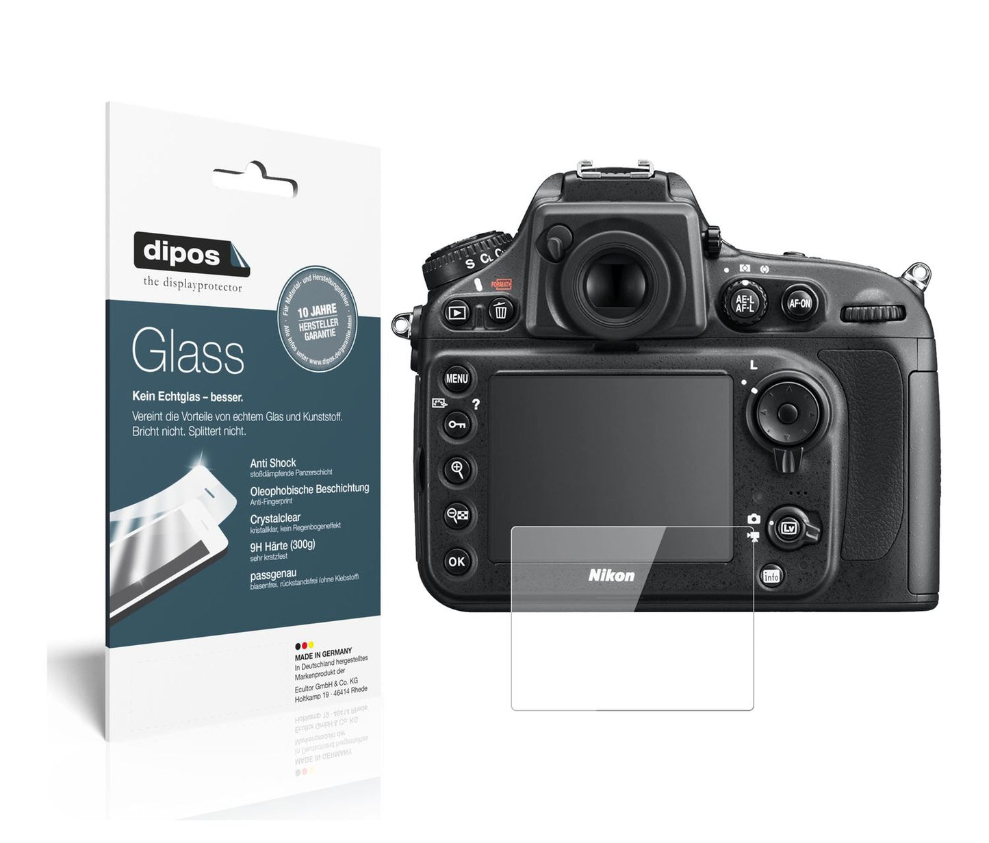 Klare Displayschutzfolie von dipos passend für Nikon D810E, 9H kratzfest und blasenfrei montiert