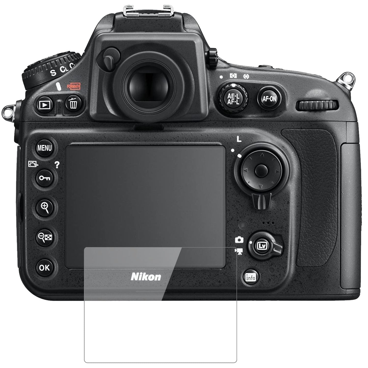 NikonD810E mit aufgebrachter dipos Flex Schutzfolie, glasklare Darstellung ohne Einschränkungen