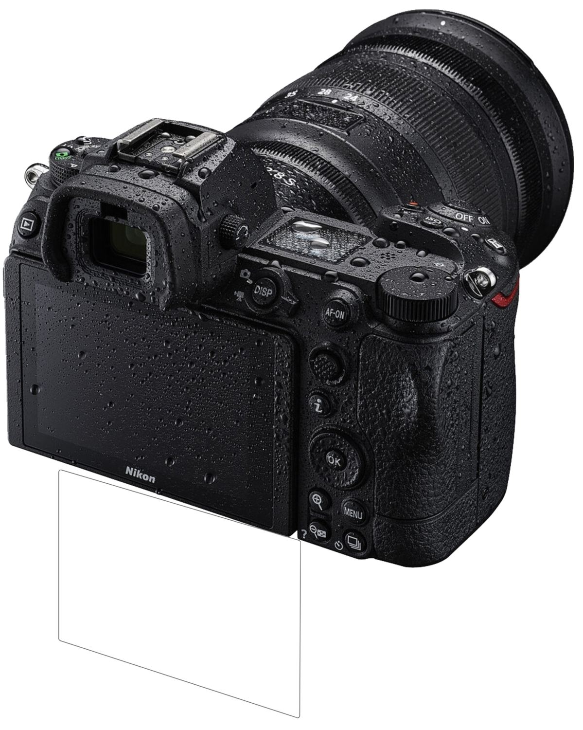 NikonZ 6II mit aufgebrachter dipos Flex Schutzfolie, glasklare Darstellung ohne Einschränkungen