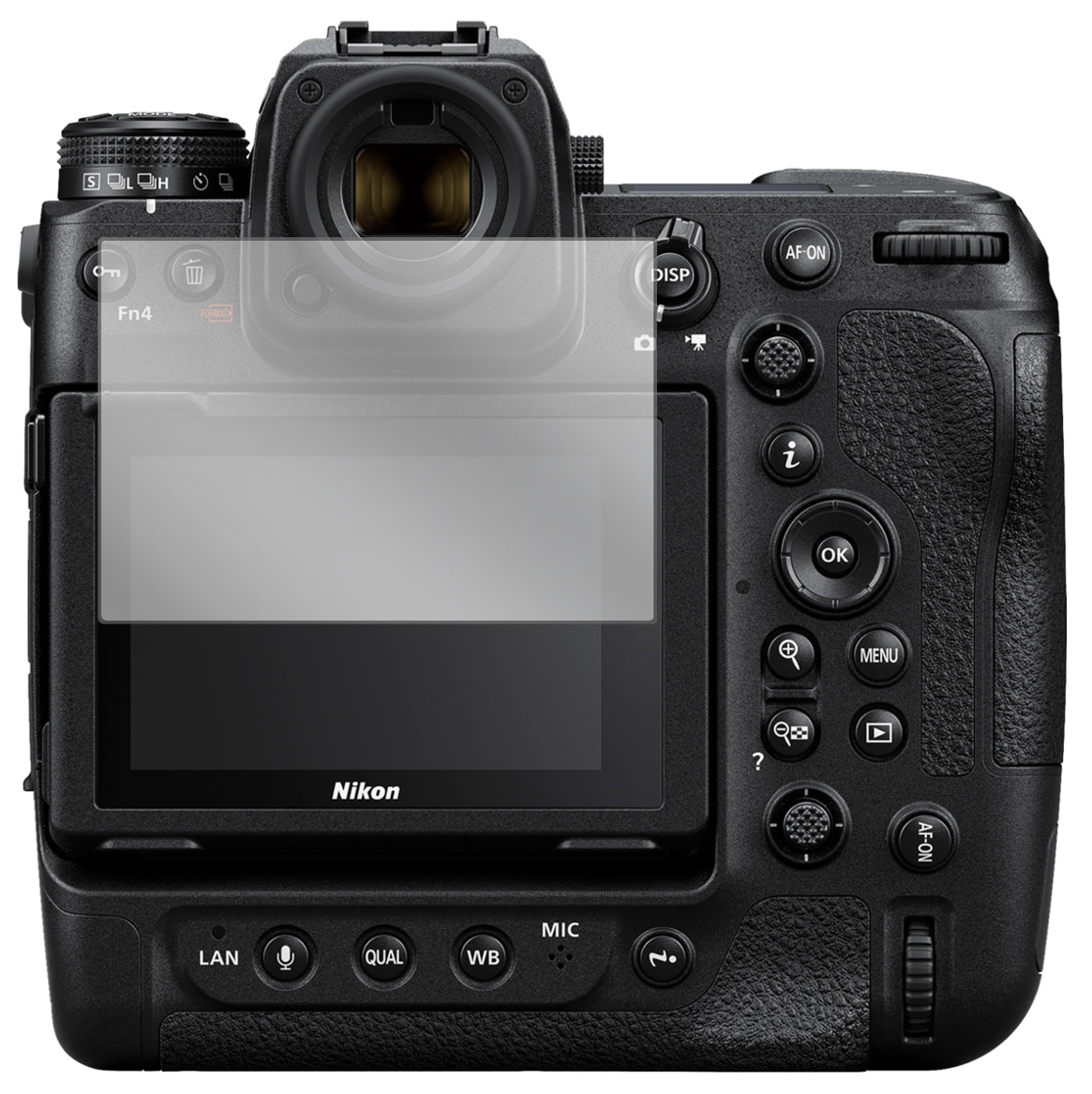 NikonZ9 mit aufgebrachter dipos Displayschutzfolie, glasklare Darstellung ohne Einschränkungen