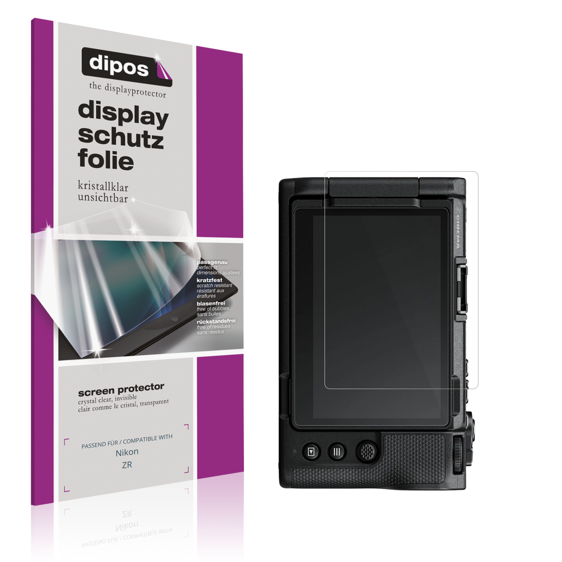 Klare Displayschutzfolie von dipos passend für Nikon ZR, präziser Zuschnitt und blasenfrei montiert